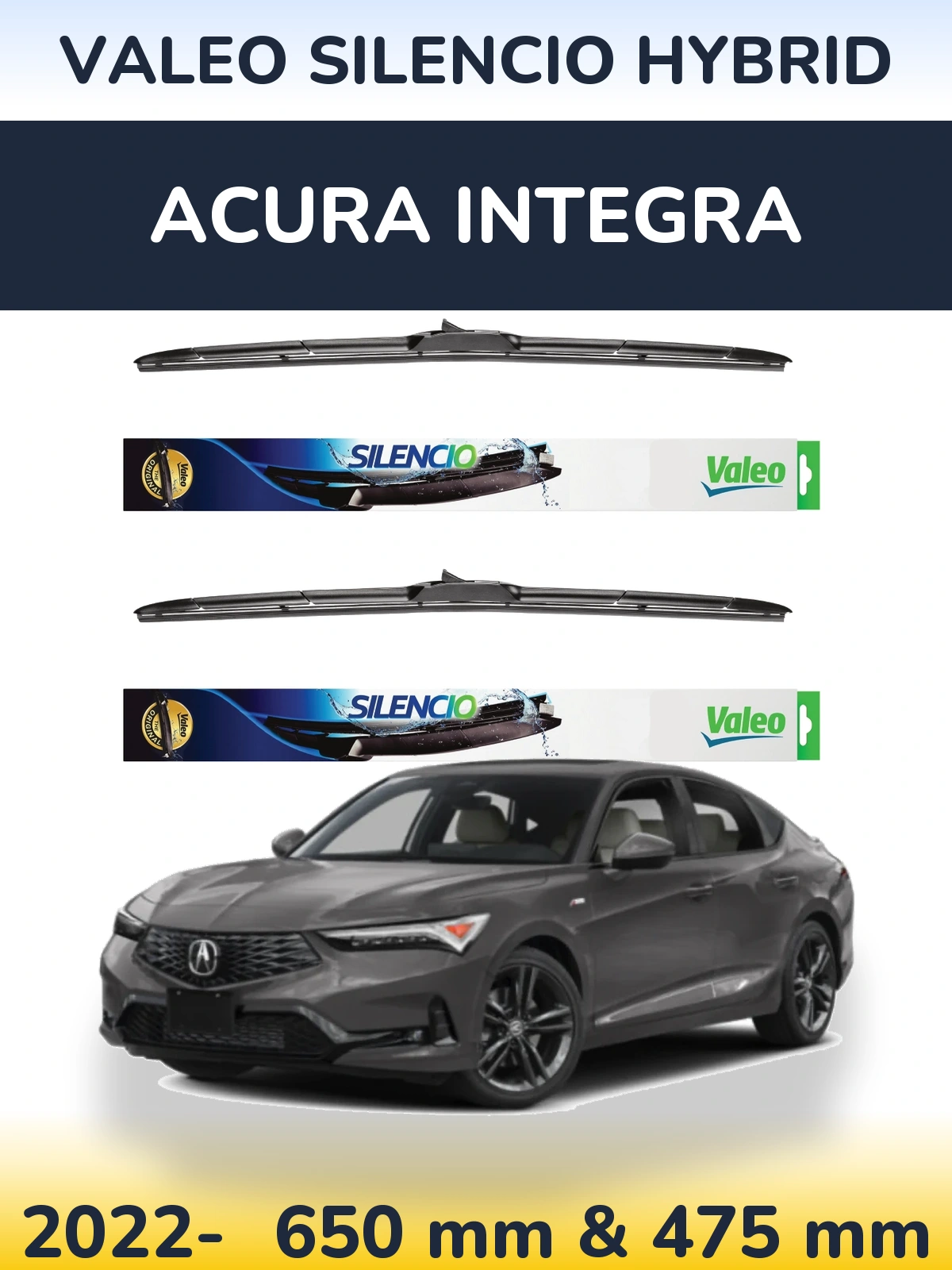 Front wiper blade set Valeo Silencio Hybrid 650 & 475 mm for Acura Integra 2022-2026