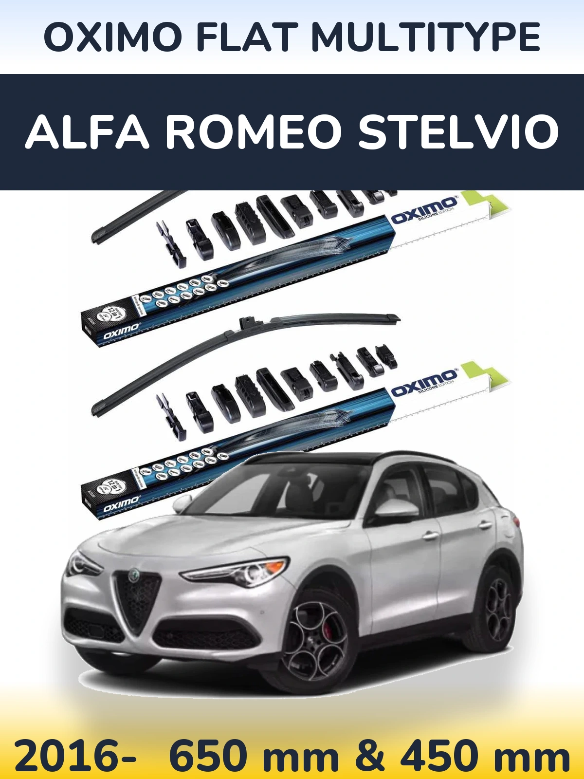 Front wiper blade set Oximo Flat MultiTüüpe 650 & 450 mm for Alfa Romeo Stelvio 2016-2026