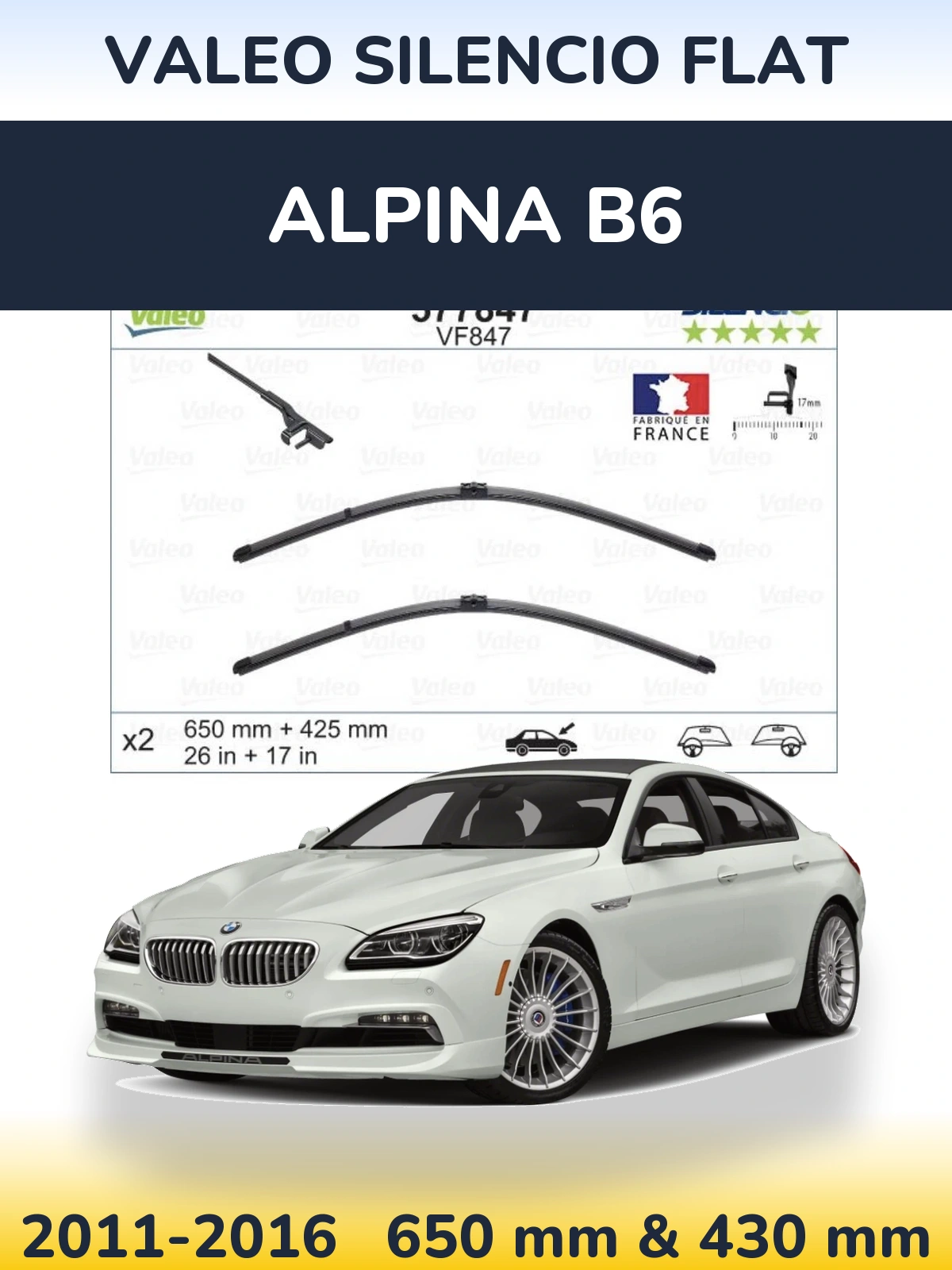 Front wiper blade set Valeo Silencio Flat 650 & 430 mm for Alpina B6 2011-2016