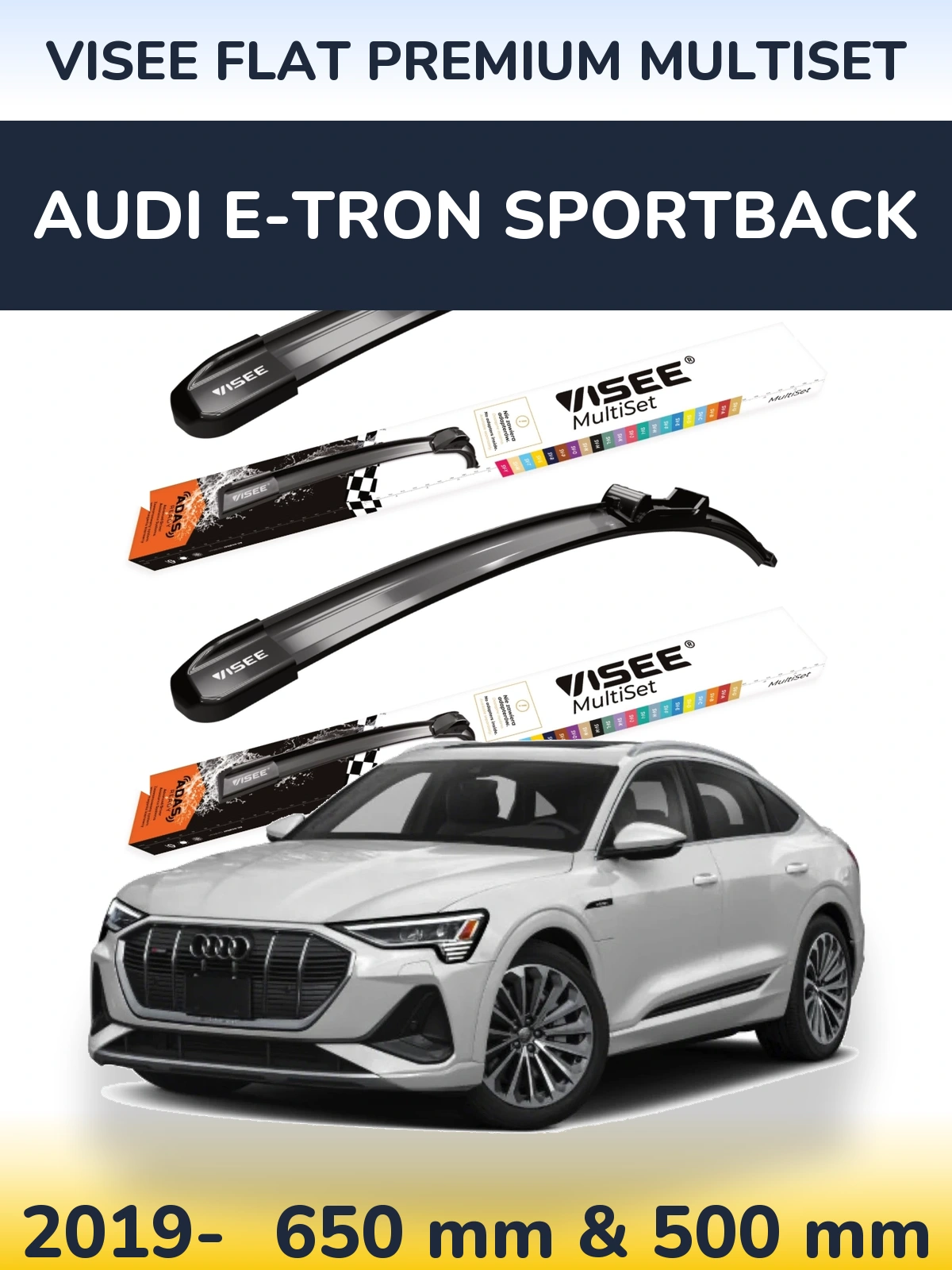 Комплект передніх щіток VISEE FLAT PREMIUM MultiSet 650 & 500 мм для Audi e-tron Sportback 2019-2026
