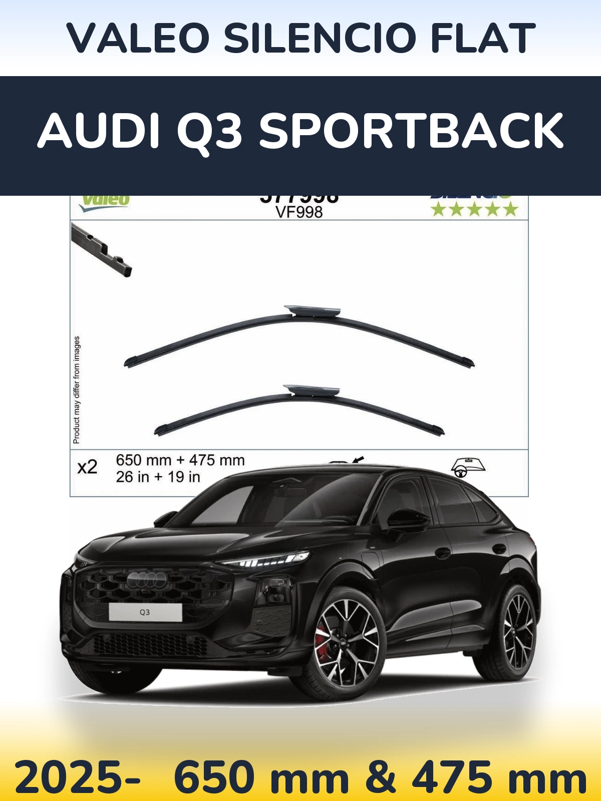 Комплект передніх щіток Valeo Silencio Flat 650 & 475 мм для Audi Q3 Sportback 2025-2026