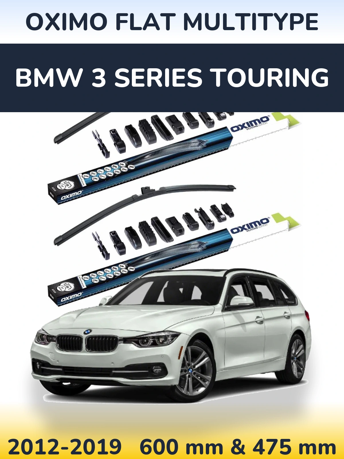Front wiper blade set Oximo Flat MultiTypee 600 & 475 mm for BMW 3 Series Touring 2012-2019