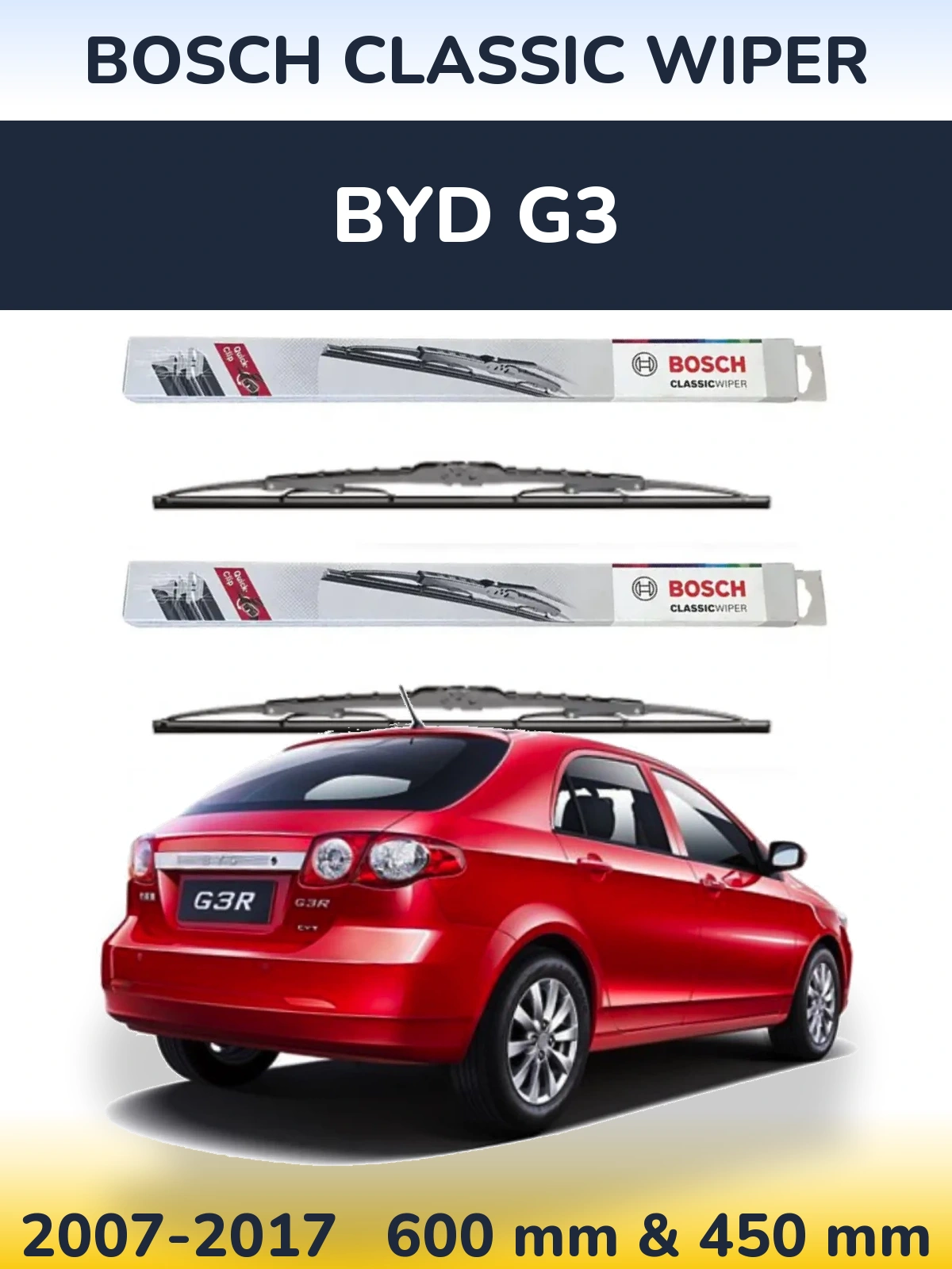 Комплект передніх щіток BOSCH Classic Wiper 600 & 450 мм для BYD G3 2007-2017