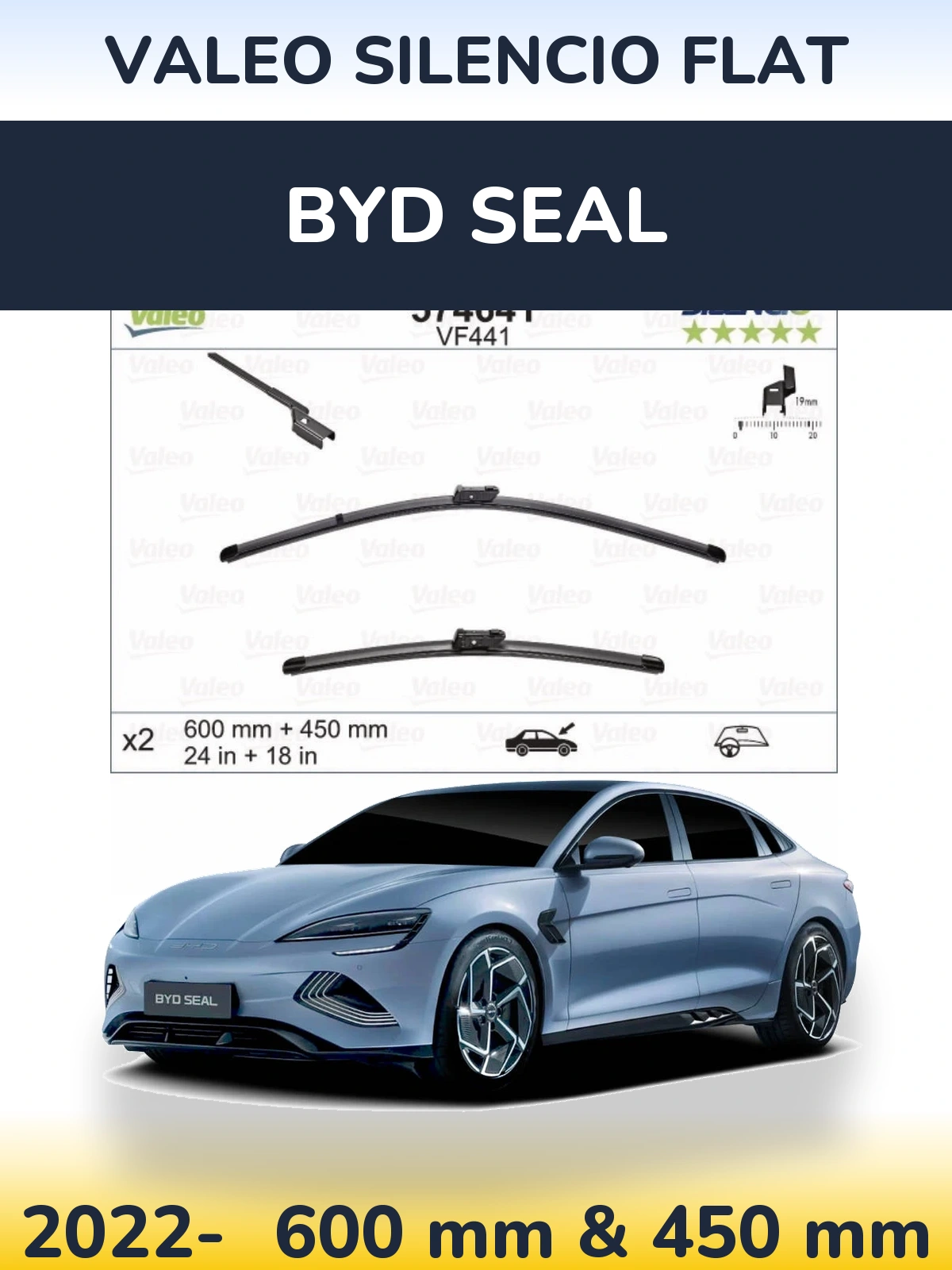 Комплект передних дворников Valeo Silencio Flat 600 & 450 мм для BYD Seal 2022-2026