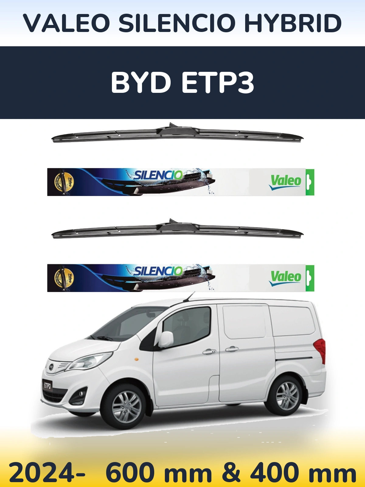 Front wiper blade set Valeo Silencio Hybrid 600 & 400 mm for BYD ETP3 2024-2026