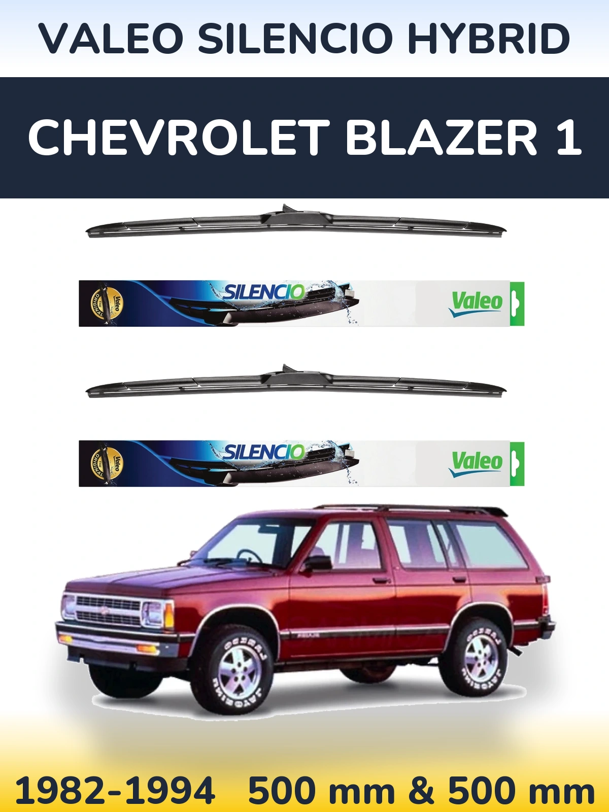 Front wiper blade set Valeo Silencio Hybrid 500 & 500 mm for Chevrolet Blazer 1 1982-1994