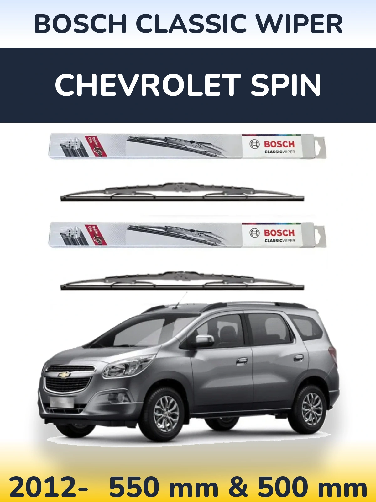 Комплект передних дворников BOSCH Classic Wiper 550 & 500 мм для Chevrolet Spin 2012-2026