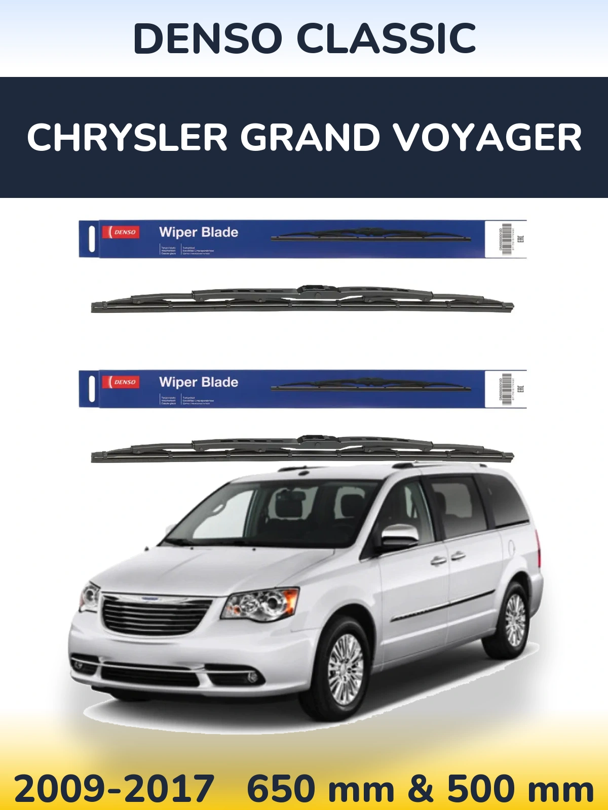Front wiper blade set Denso Classic 650 & 500 mm for Chrysler Grand Voyager 2009-2017