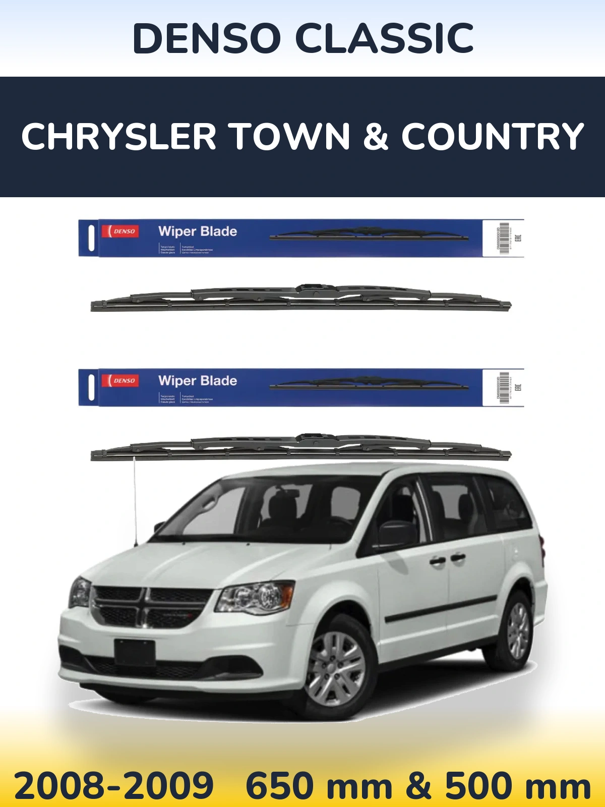 Front wiper blade set Denso Classic 650 & 500 mm for Chrysler Town & Country 2008-2009