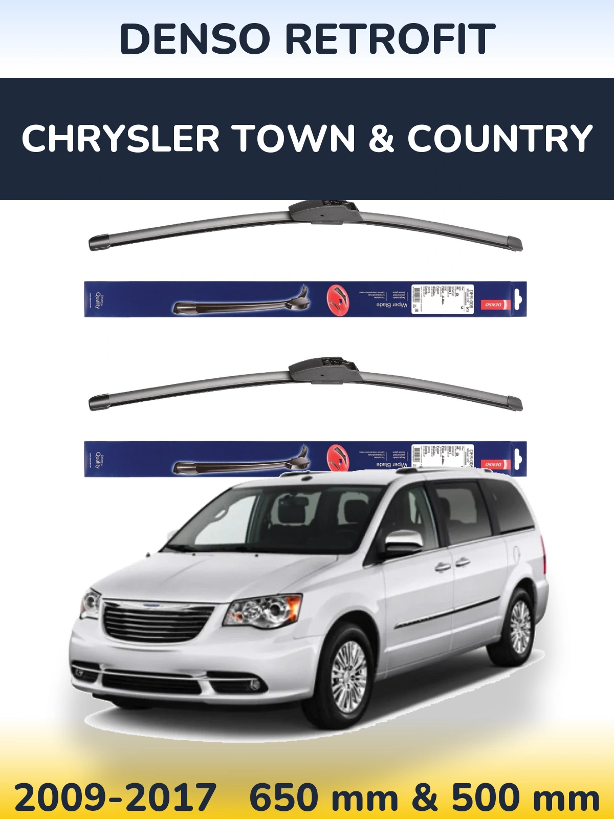 Front wiper blade set Denso Retrofit 650 & 500 mm for Chrysler Town & Country 2009-2017