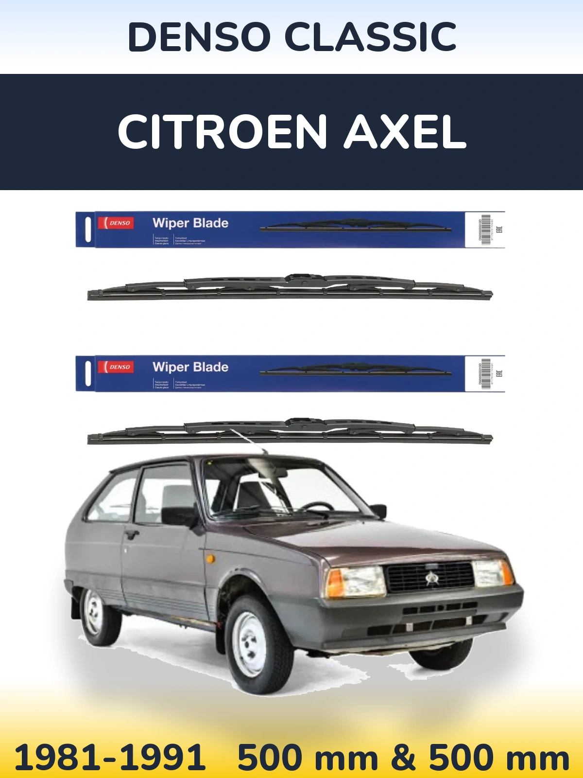 Front wiper blade set Denso Classic 500 & 500 mm for Citroen Axel 1981-1991