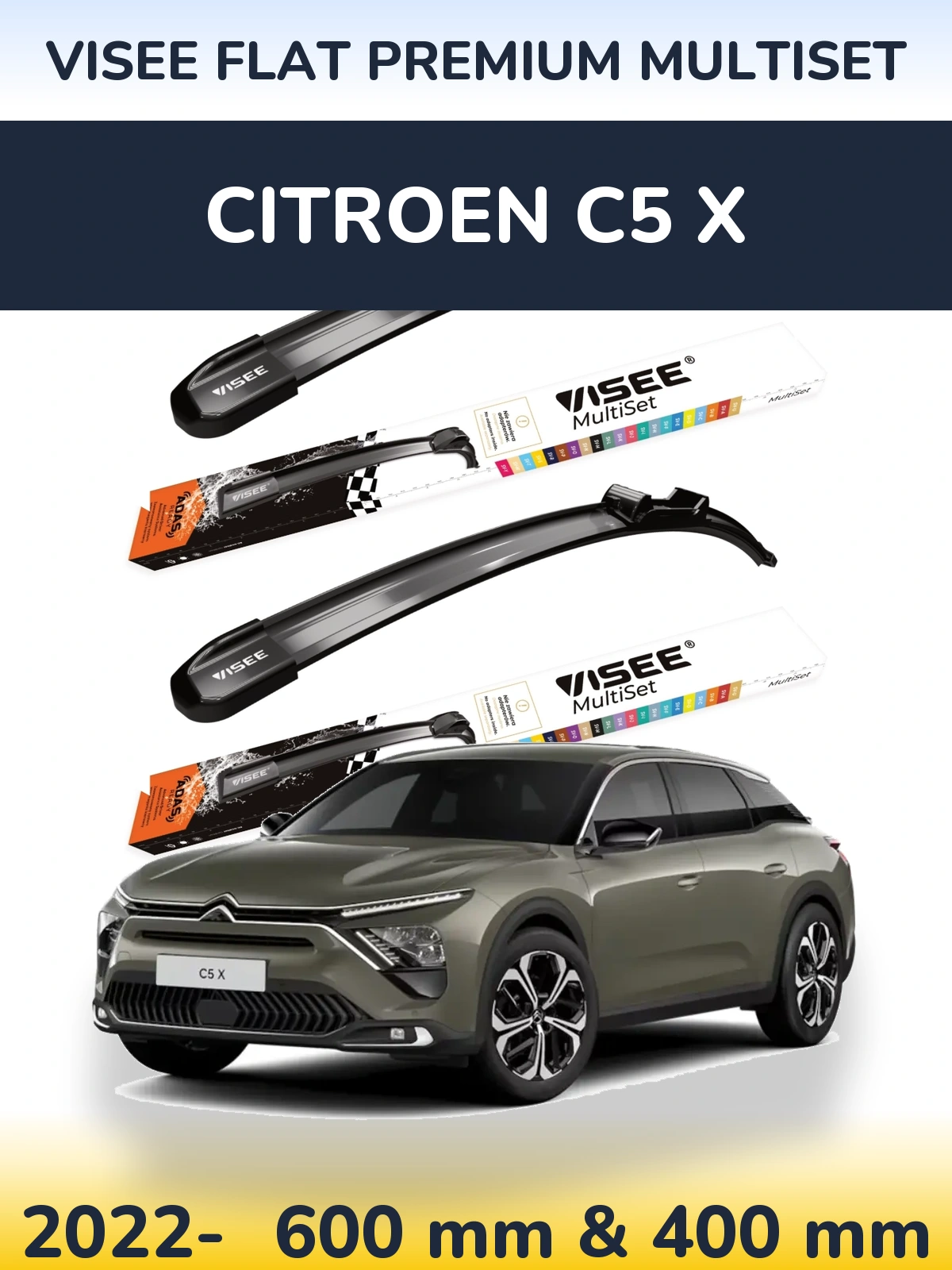 Комплект передних дворников VISEE FLAT PREMIUM MultiSet 600 & 400 мм для Citroen C5 X 2022-2026