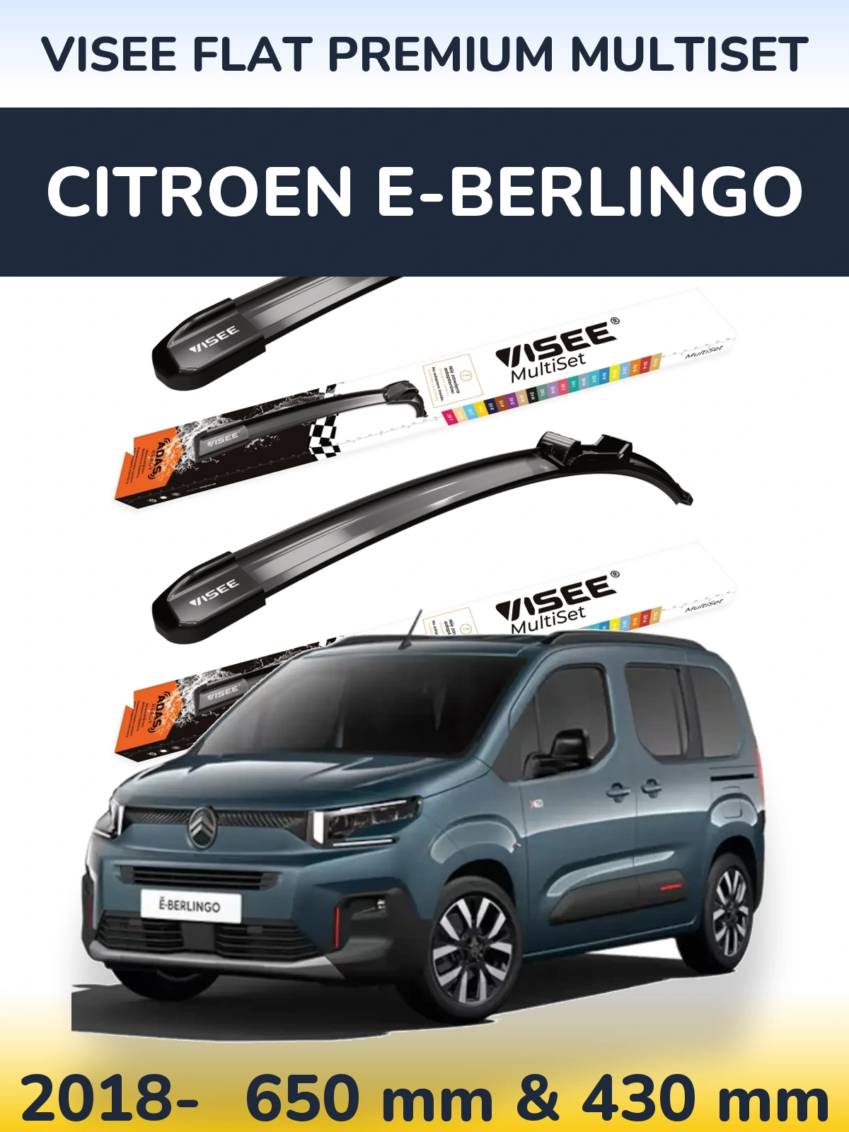 Комплект передніх щіток VISEE FLAT PREMIUM MultiSet 650 & 430 мм для Citroen e-Berlingo 2018-2026