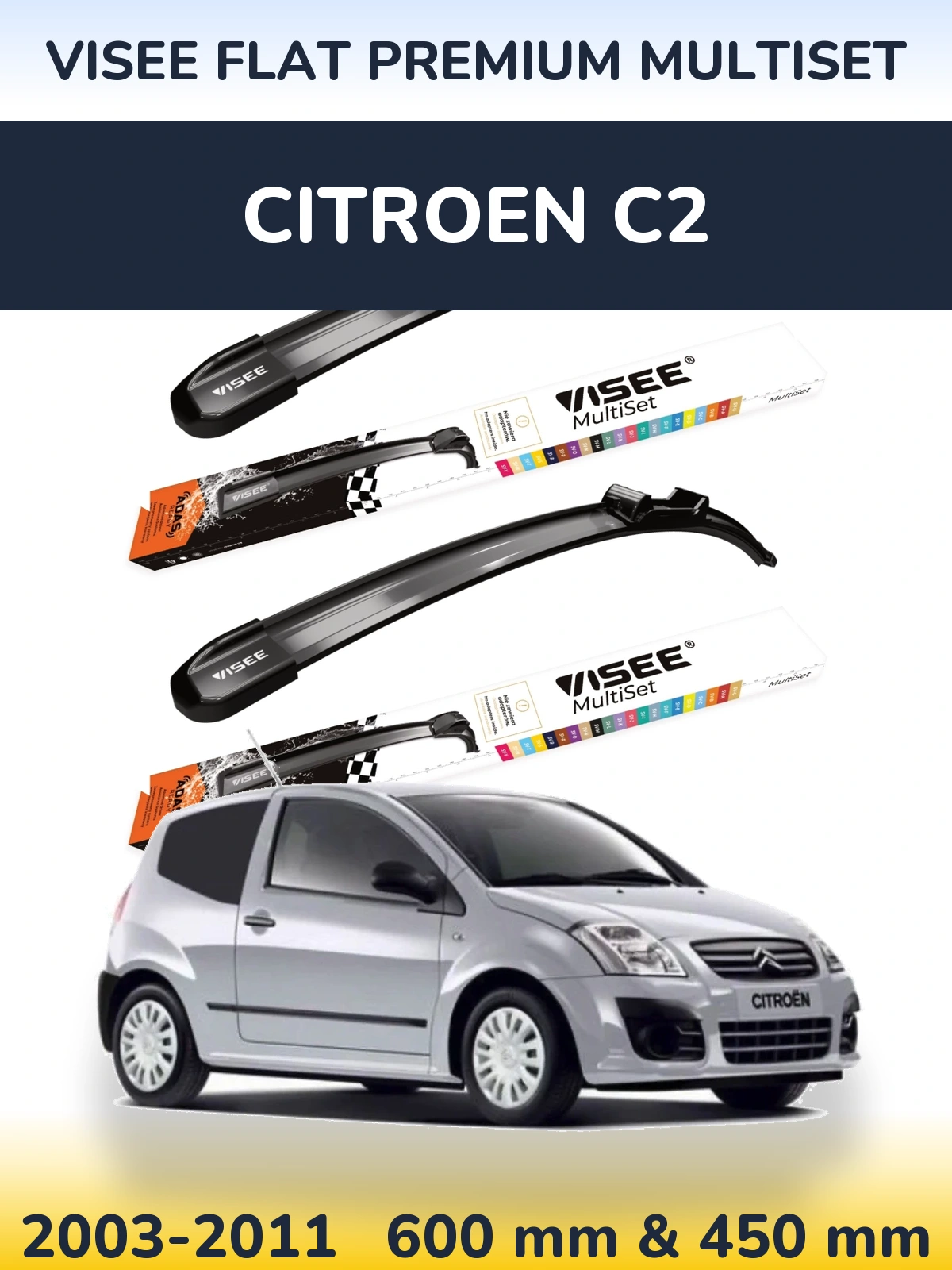 Комплект передних дворников VISEE FLAT PREMIUM MultiSet 600 & 450 мм для Citroen C2 2003-2011