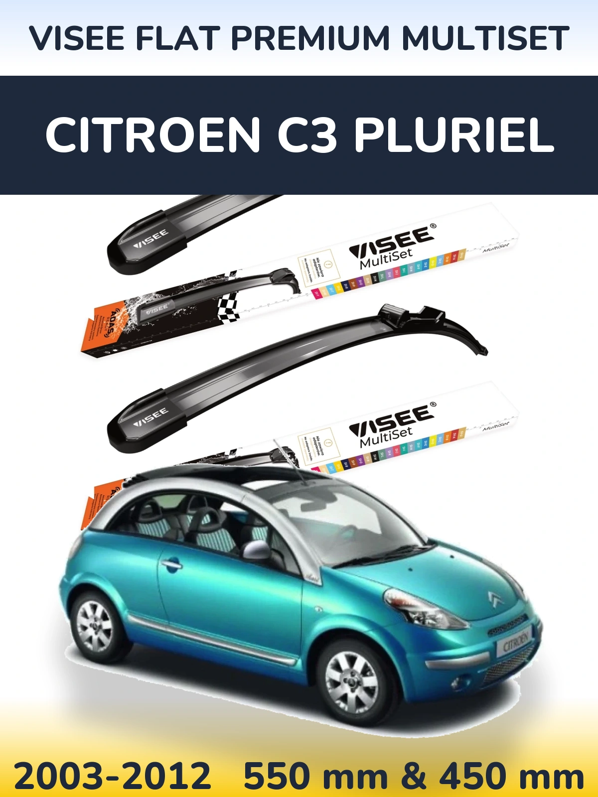 Комплект передних дворников VISEE FLAT PREMIUM MultiSet 550 & 450 мм для Citroen C3 Pluriel 2003-2012