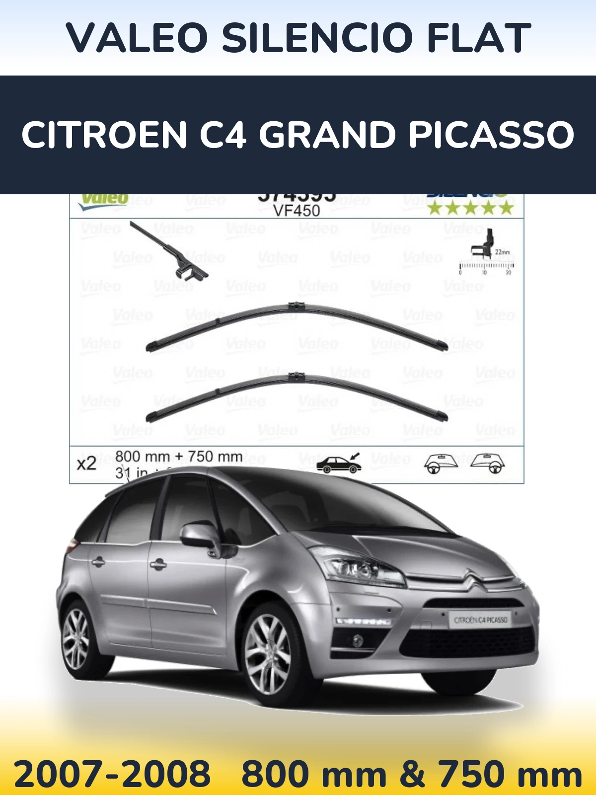 Комплект передніх щіток Valeo Silencio Flat 800 & 750 мм для Citroen C4 Grand Picasso 2007-2008