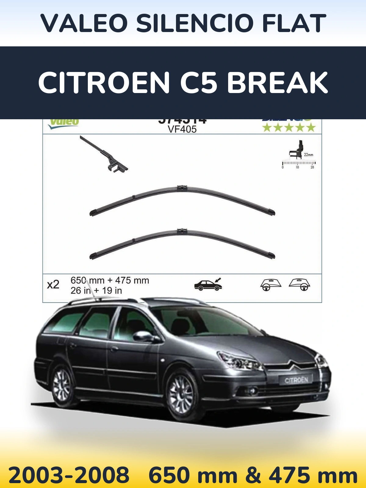 Комплект передних дворников Valeo Silencio Flat 650 & 475 мм для Citroen C5 Break 2003-2008