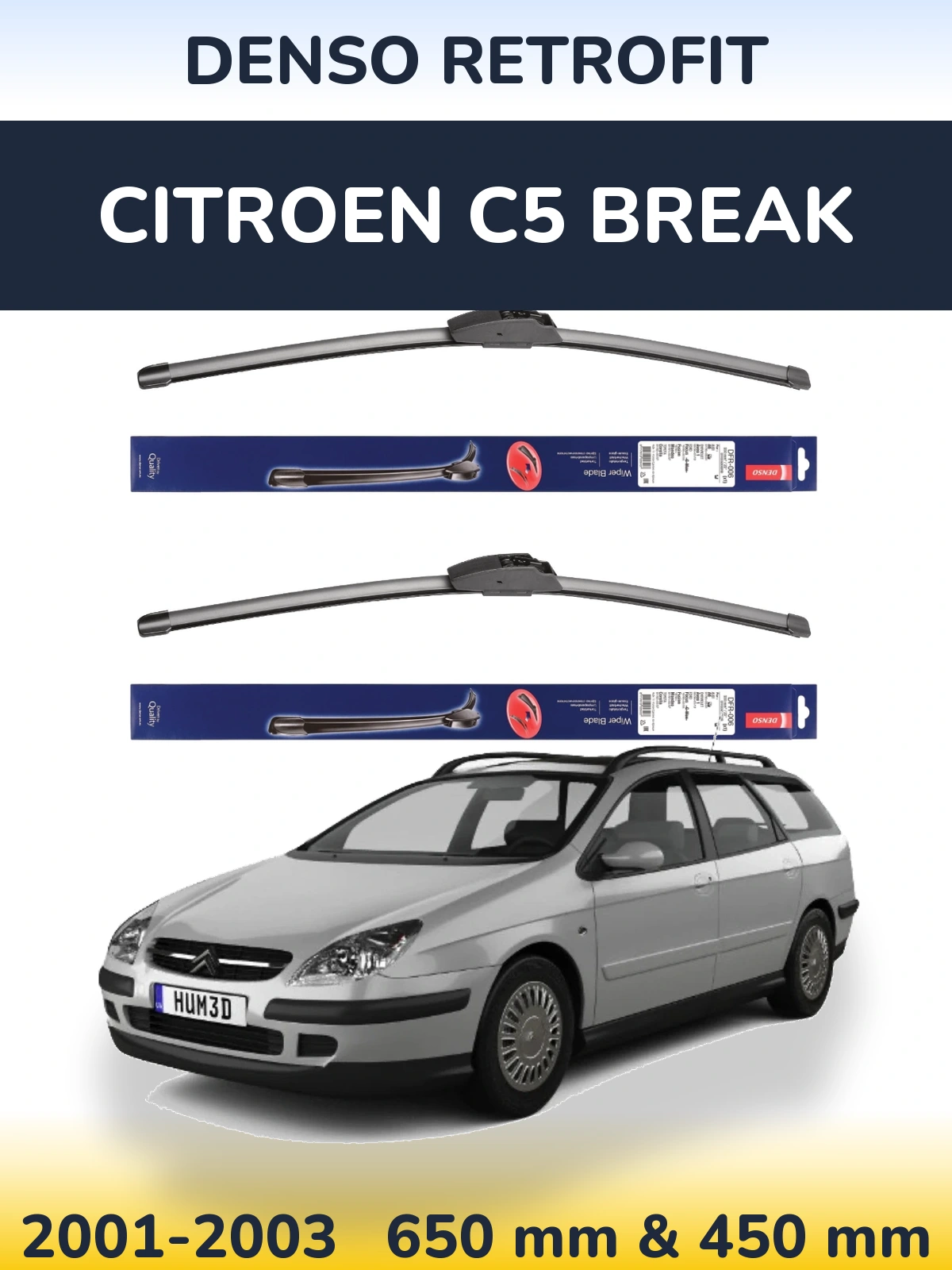 Front wiper blade set Denso Retrofit 650 & 450 mm for Citroen C5 Break 2001-2003