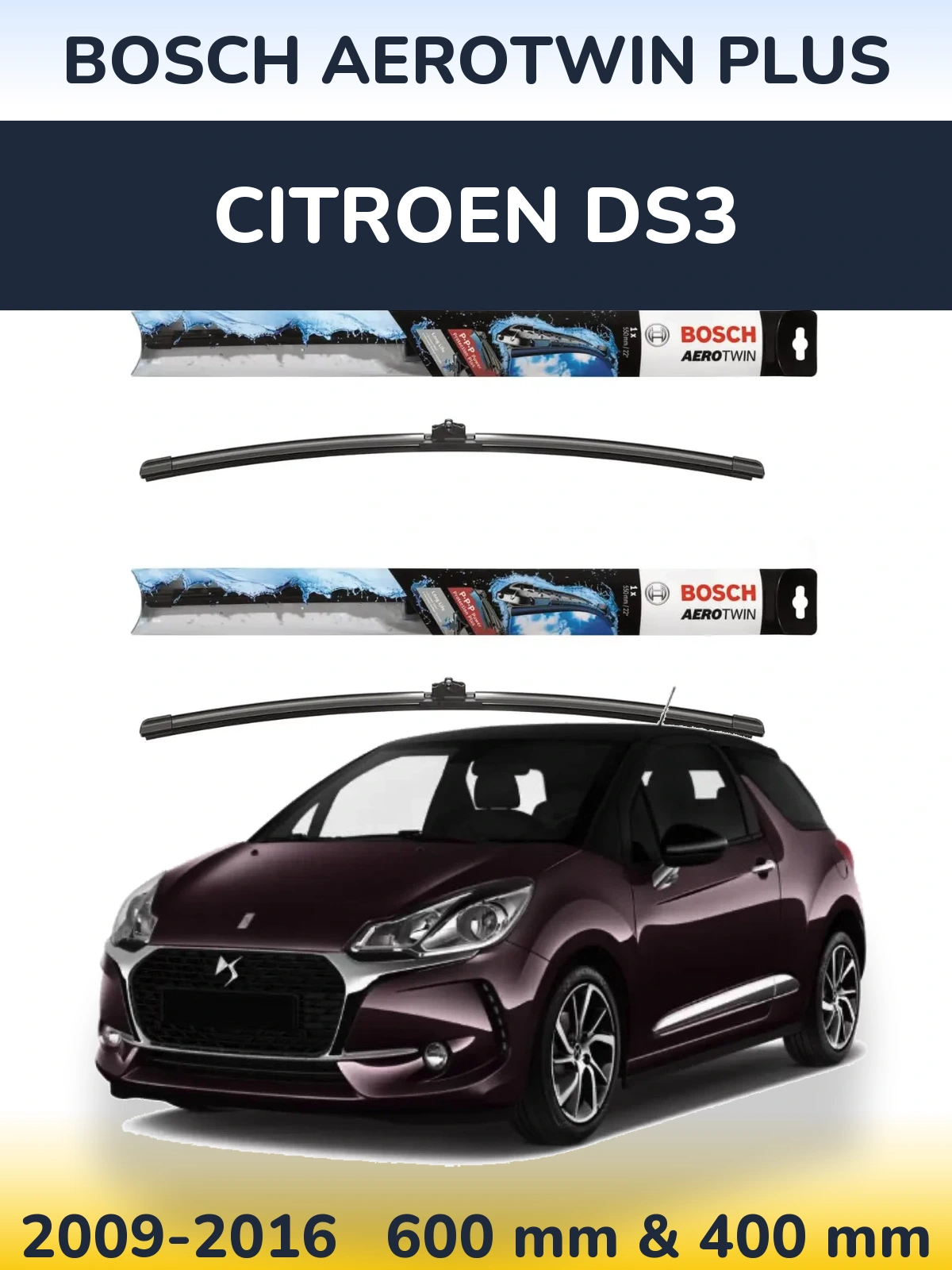 Комплект передних дворников BOSCH AeroTwin Plus 600 & 400 мм для Citroen DS3 2009-2016