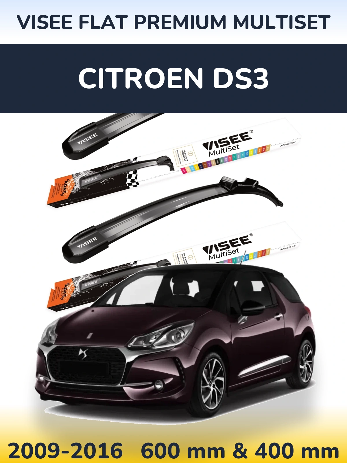 Комплект передних дворников VISEE FLAT PREMIUM MultiSet 600 & 400 мм для Citroen DS3 2009-2016