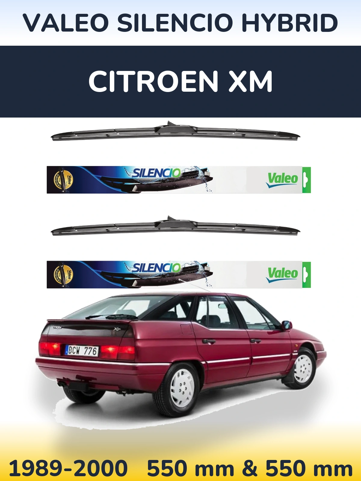 Front wiper blade set Valeo Silencio Hybrid 550 & 550 mm for Citroen XM 1989-2000