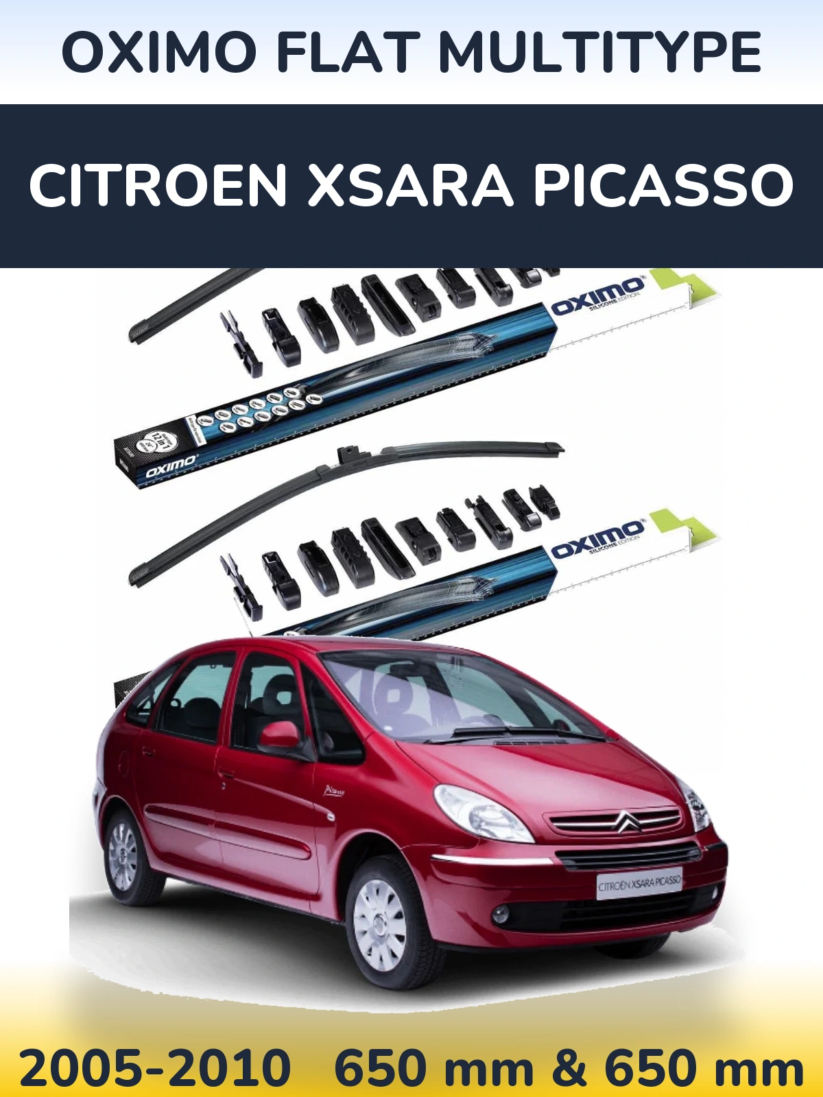 Front wiper blade set Oximo Flat MultiTypee 650 & 650 mm for Citroen Xsara Picasso 2005-2010