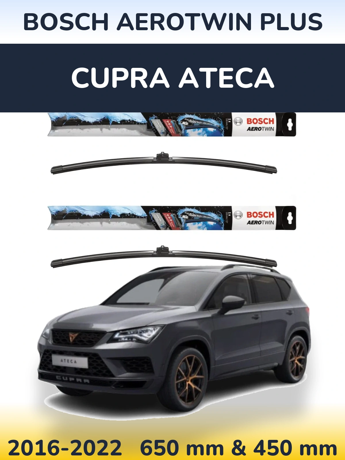 Комплект передних дворников BOSCH AeroTwin Plus 650 & 450 мм для Cupra Ateca 2016-2022