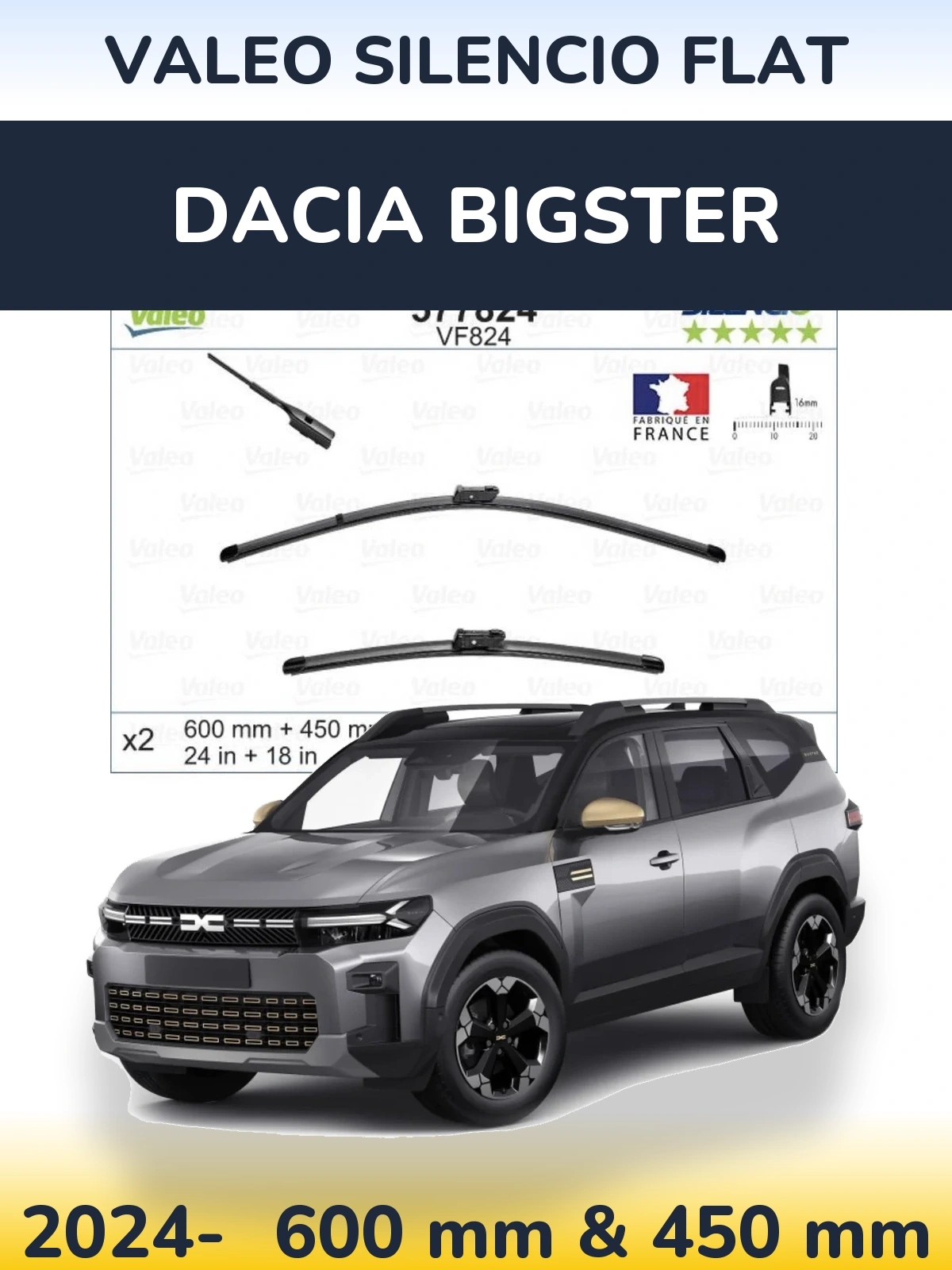 Front wiper blade set Valeo Silencio Flat 600 & 450 mm for Dacia Bigster 2024-2026