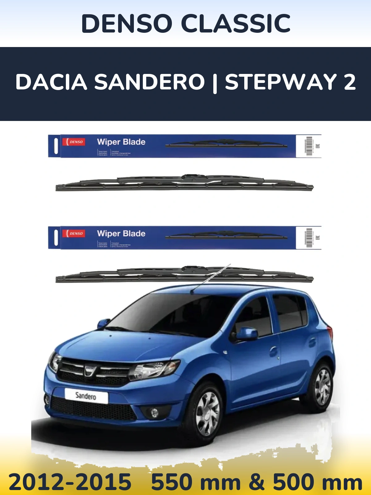Front wiper blade set Denso Classic 550 & 500 mm for Dacia Sandero | Stepway 2 2012-2015