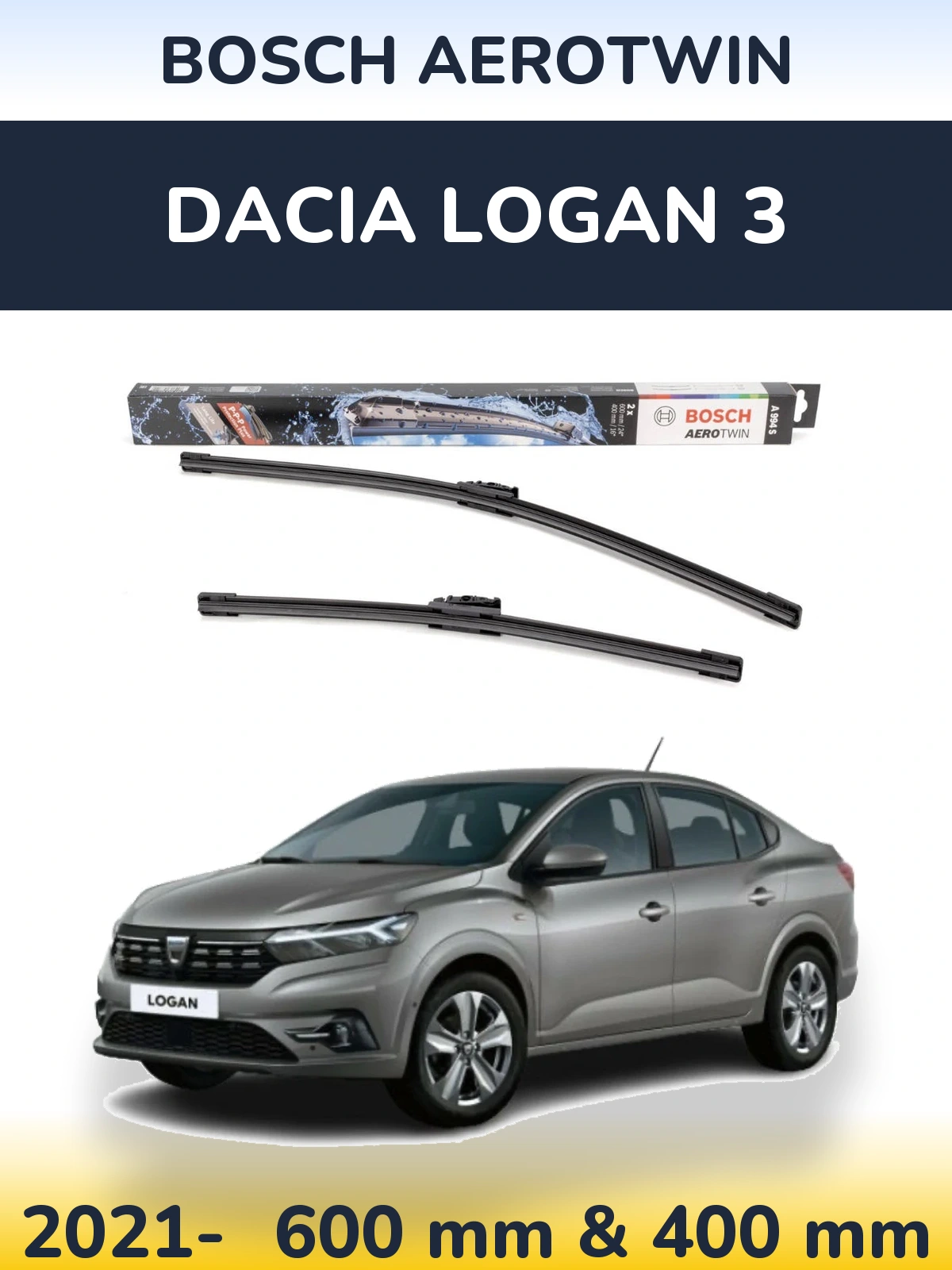 Front wiper blade set BOSCH AeroTwin 600 & 400 mm for Dacia Logan 3 2021-2026