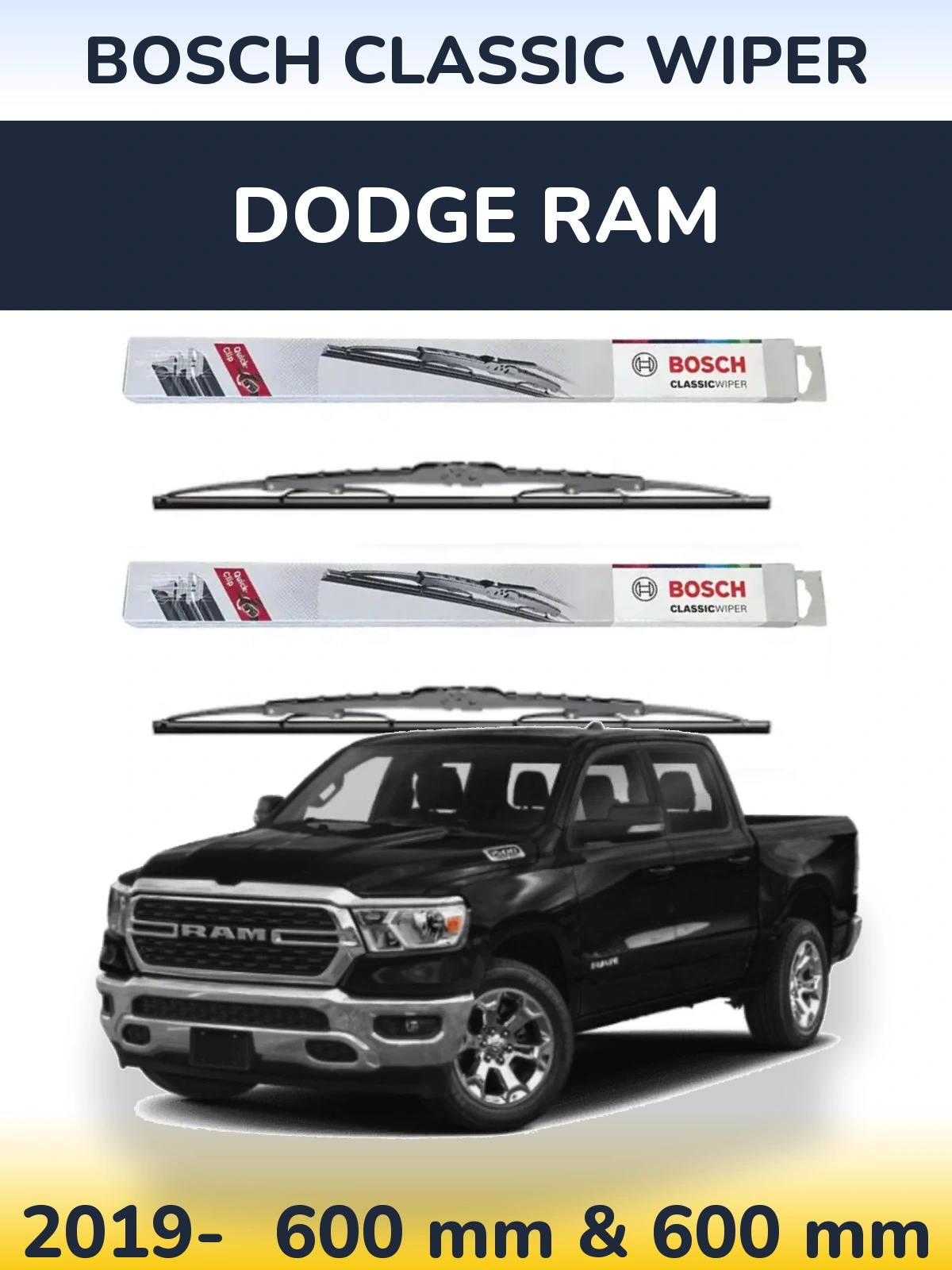 Комплект передних дворников BOSCH Classic Wiper 600 & 600 мм для Dodge RAM 2019-2026