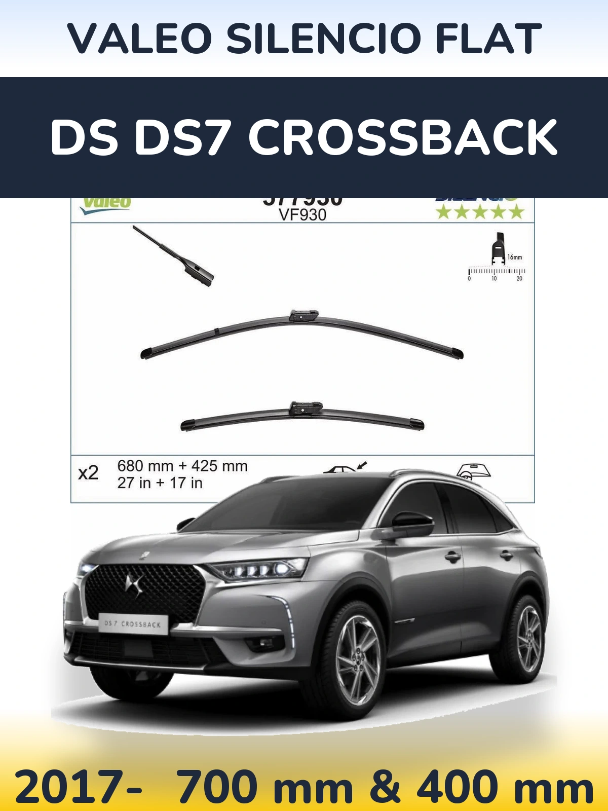 Комплект передних дворников Valeo Silencio Flat 680 & 400 мм для DS DS7 Crossback 2017-2026