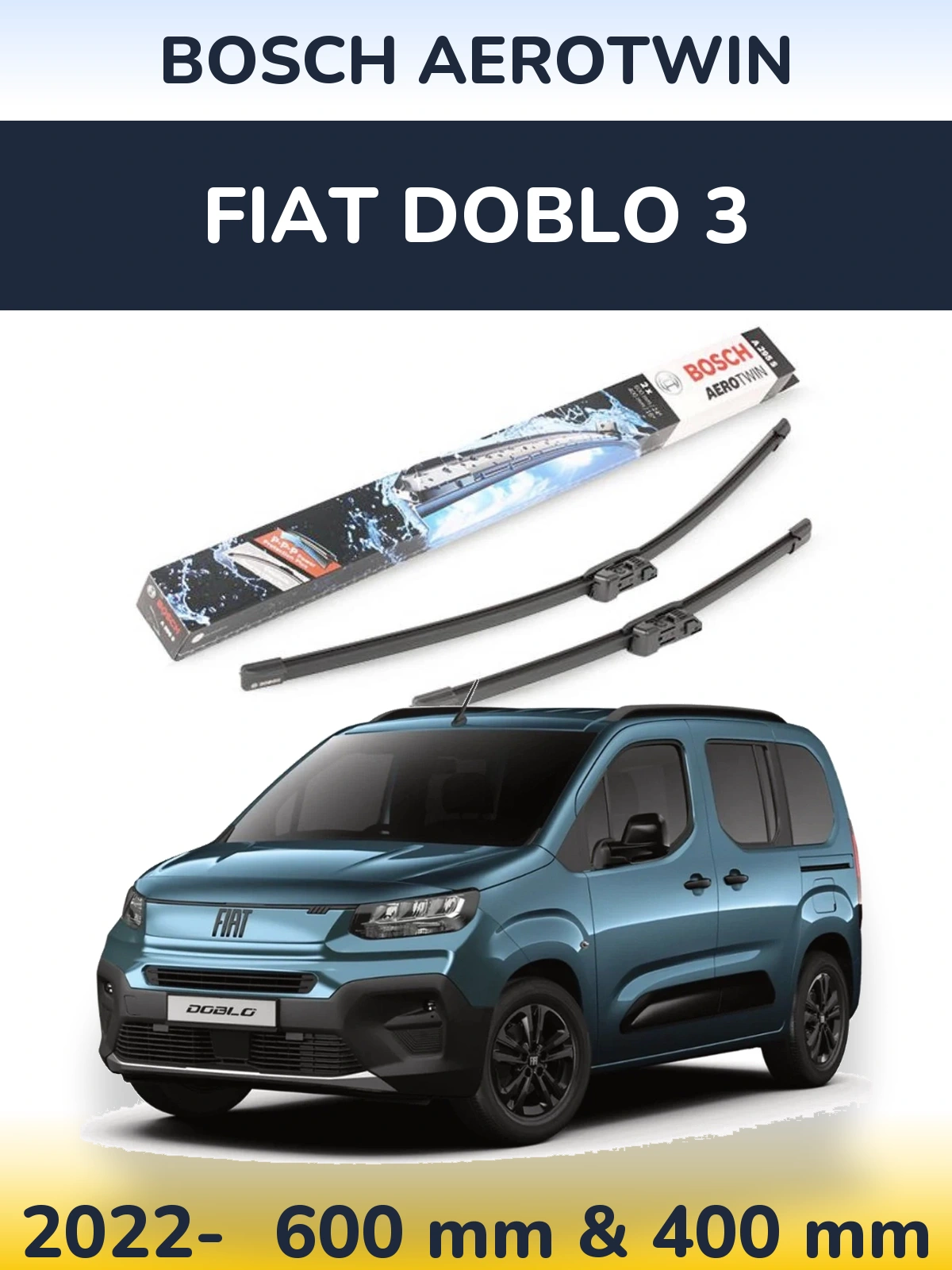 Комплект передніх щіток BOSCH AeroTwin 600 & 400 мм для Fiat Doblo 3 2022-2026
