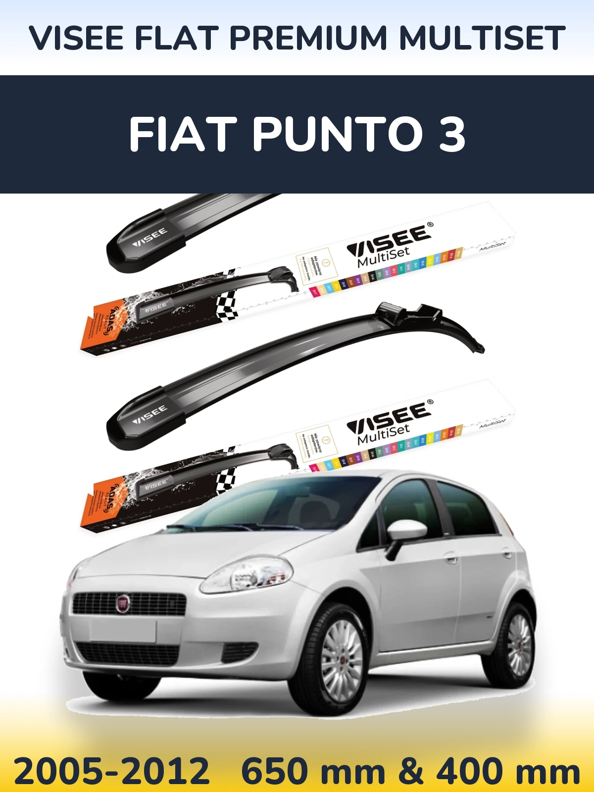 Комплект передних дворников VISEE FLAT PREMIUM MultiSet 650 & 400 мм для Fiat Punto 3 2005-2012