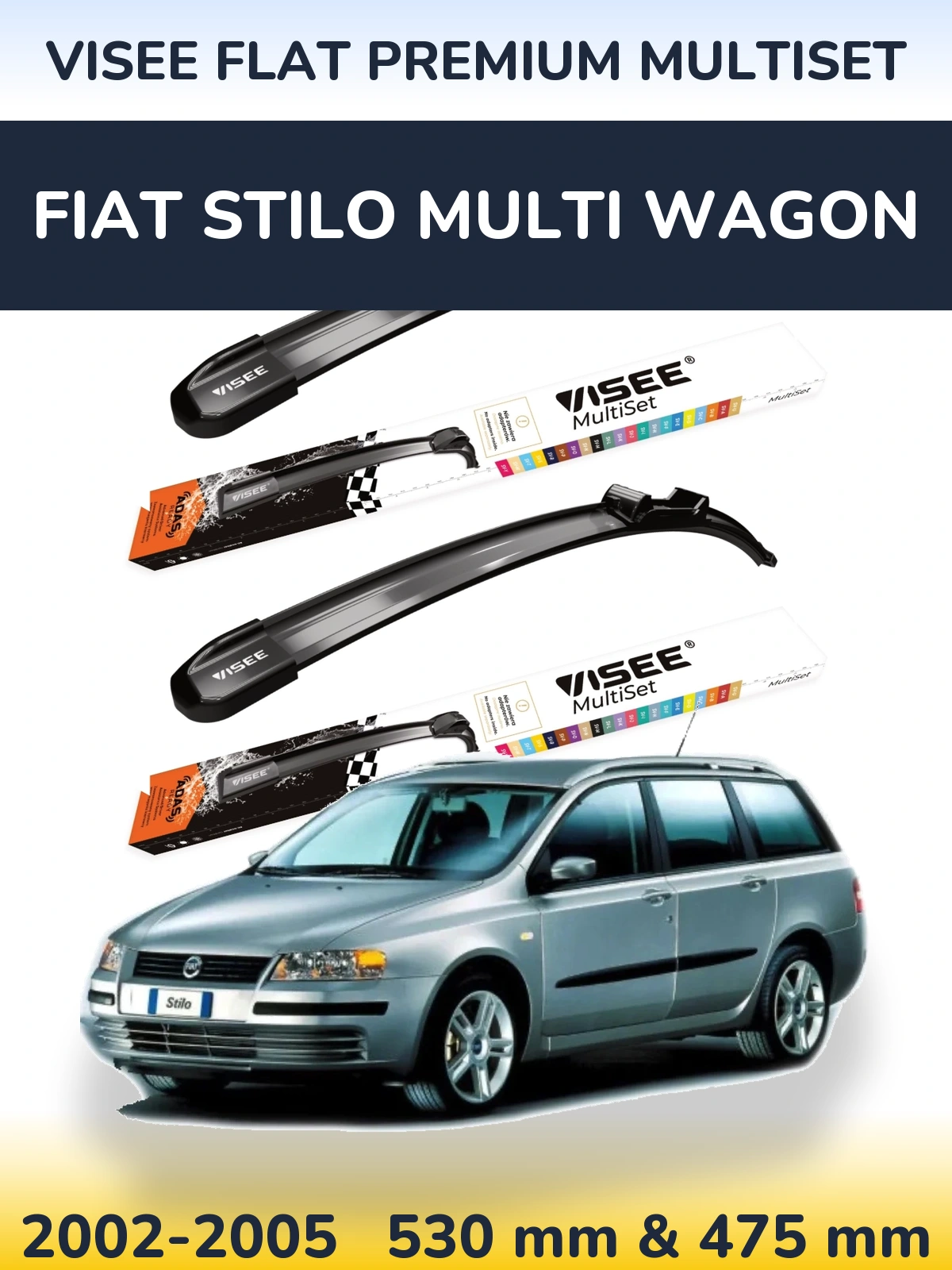 Комплект передних дворников VISEE FLAT PREMIUM MultiSet 530 & 475 мм для Fiat Stilo Multi Wagon 2002-2005