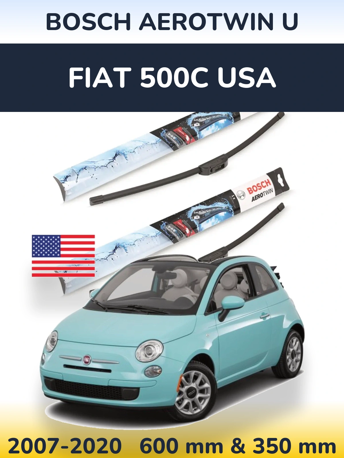 Комплект передніх щіток BOSCH AeroTwin U 600 & 350 мм для Fiat 500C USA 2007-2020