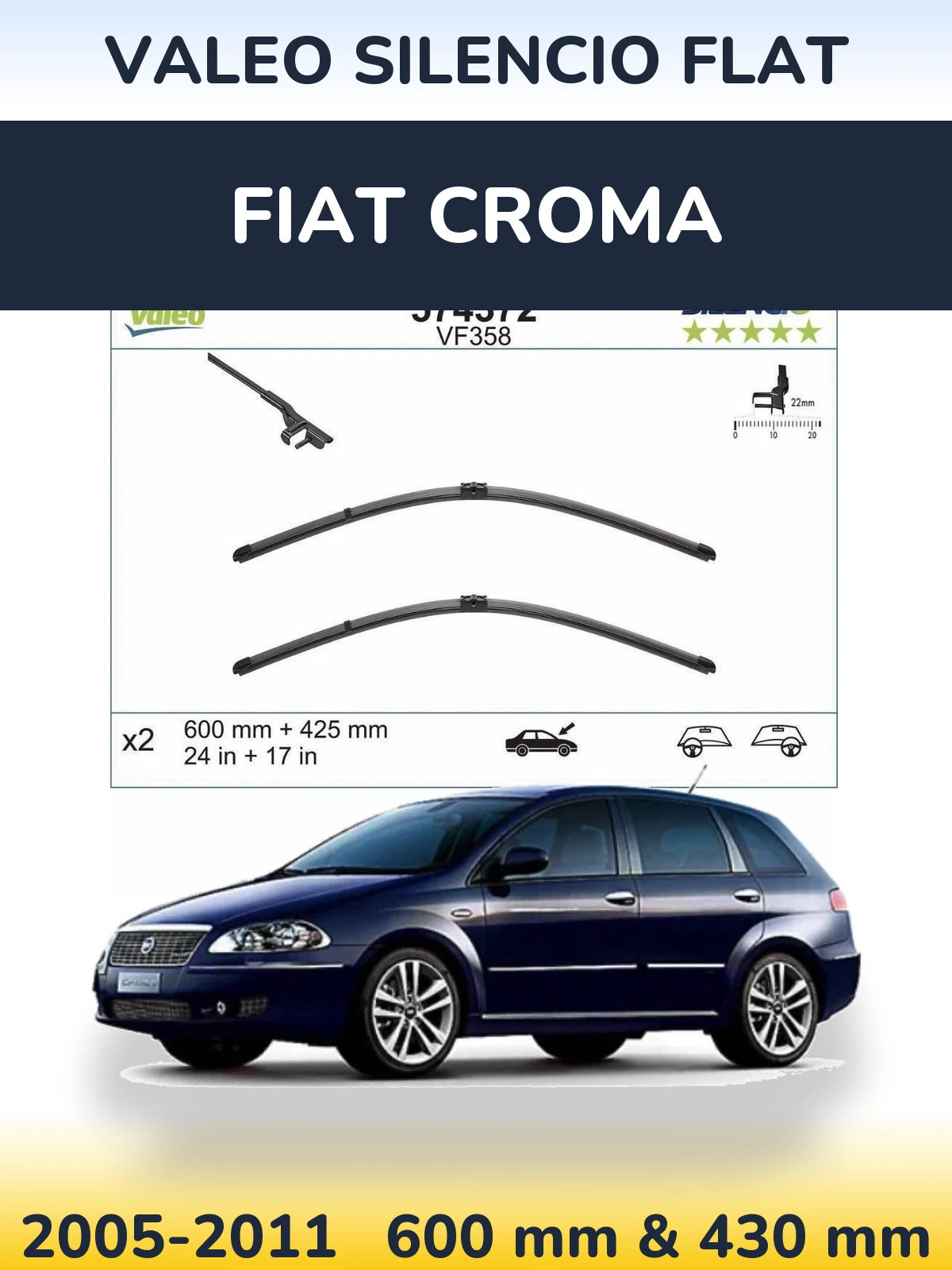 Комплект передних дворников Valeo Silencio Flat 600 & 430 мм для Fiat Croma 2005-2011