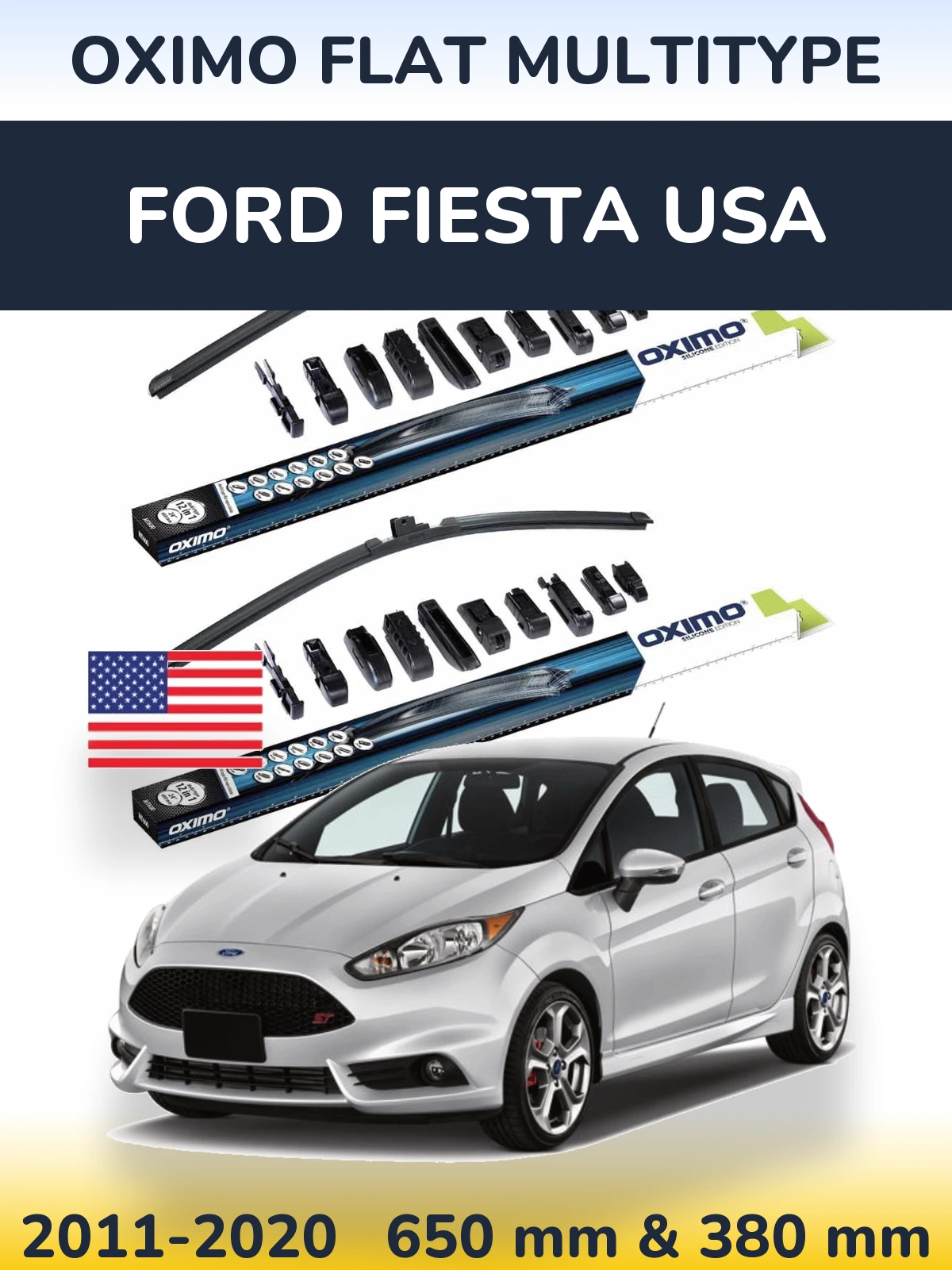 Front wiper blade set Oximo Flat MultiTüüpe 650 & 380 mm for Ford Fiesta USA 2011-2020