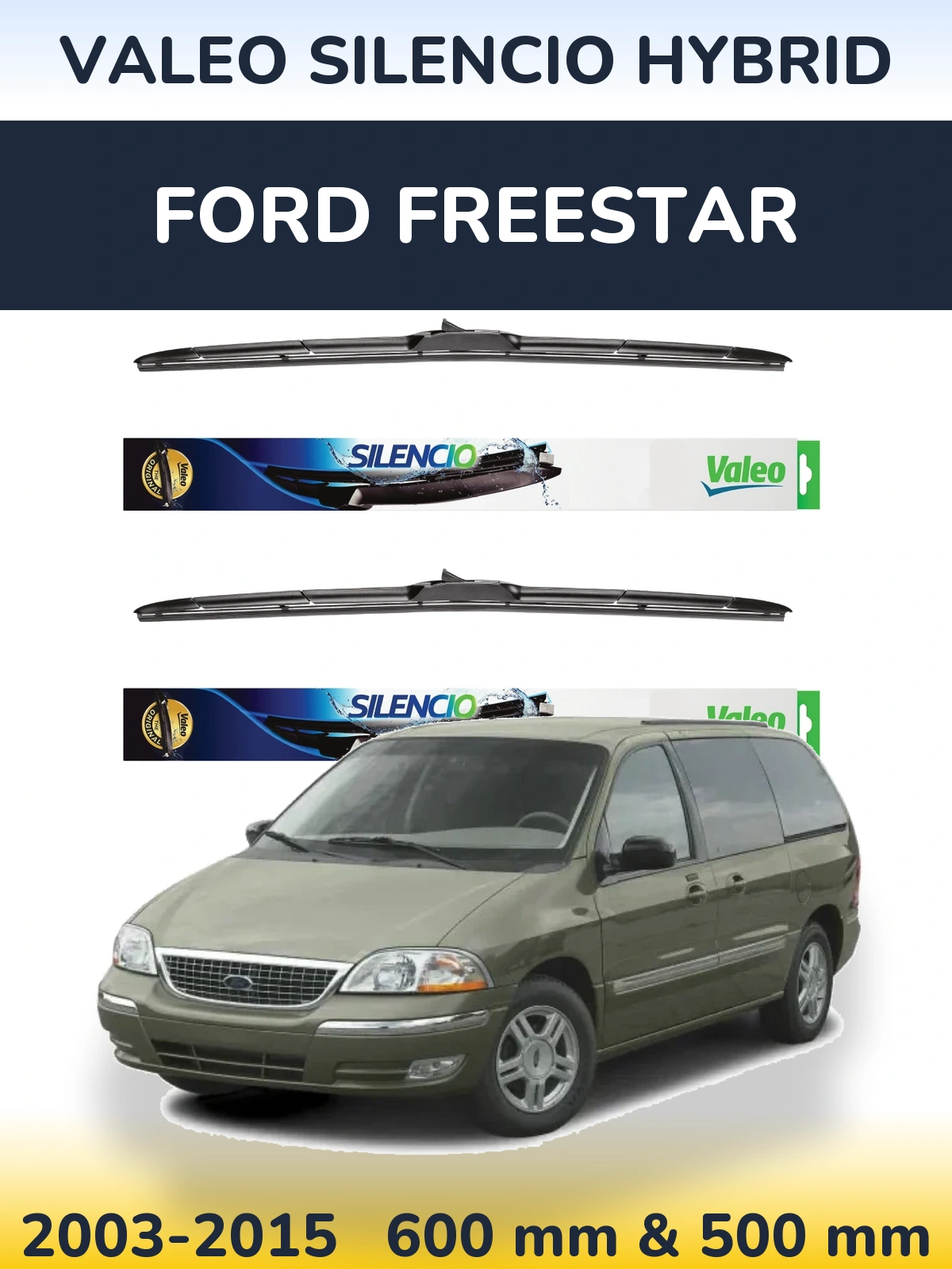 Front wiper blade set Valeo Silencio Hybrid 600 & 500 mm for Ford Freestar 2003-2015
