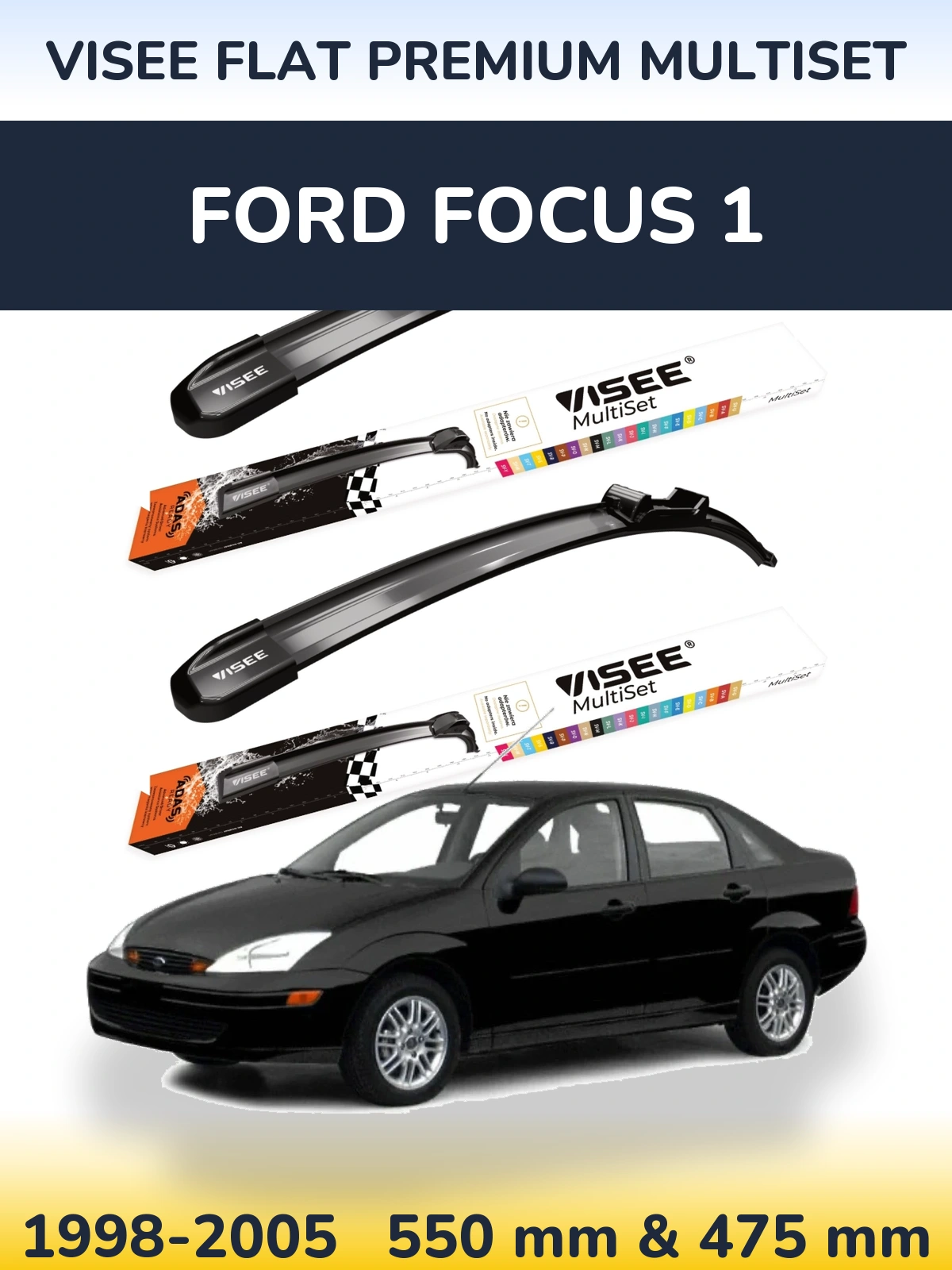 Комплект передних дворников VISEE FLAT PREMIUM MultiSet 550 & 475 мм для Ford Focus 1 1998-2005