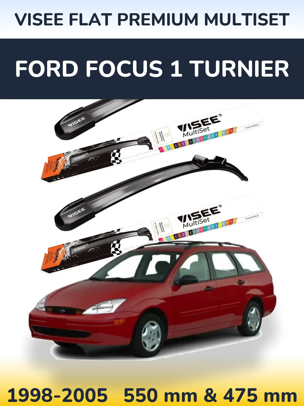 Комплект передних дворников VISEE FLAT PREMIUM MultiSet 550 & 475 мм для Ford Focus 1 Turnier 1998-2005