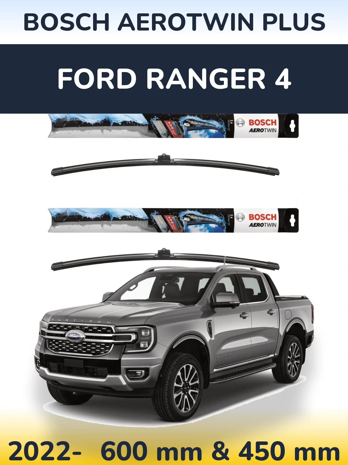 Комплект передних дворников BOSCH AeroTwin Plus 600 & 450 мм для Ford Ranger 4 2022-2026