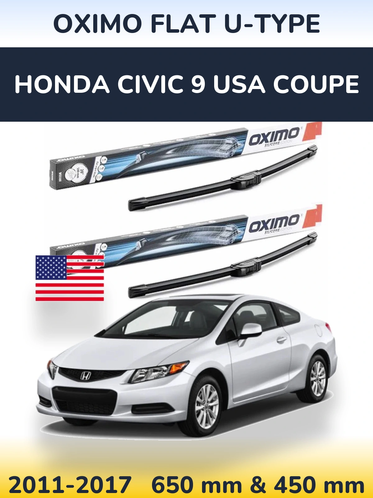 Комплект передних дворников Oximo Flat U-type 650 & 450 мм для Honda Civic 9 USA coupe 2011-2017