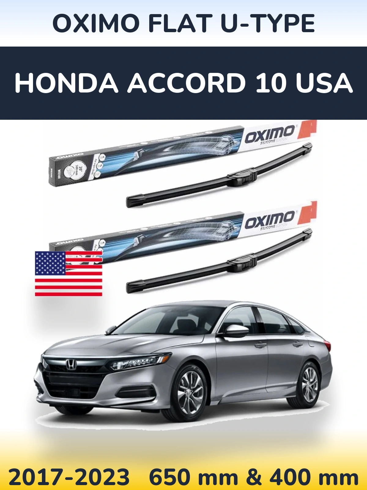 Комплект передних дворников Oximo Flat U-type 650 & 400 мм для Honda Accord 10 USA 2017-2023