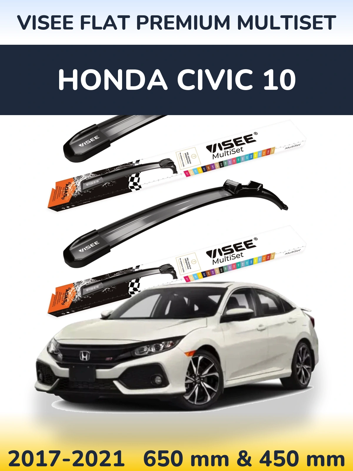 Комплект передніх щіток VISEE FLAT PREMIUM MultiSet 650 & 450 мм для Honda Civic 10 2017-2021