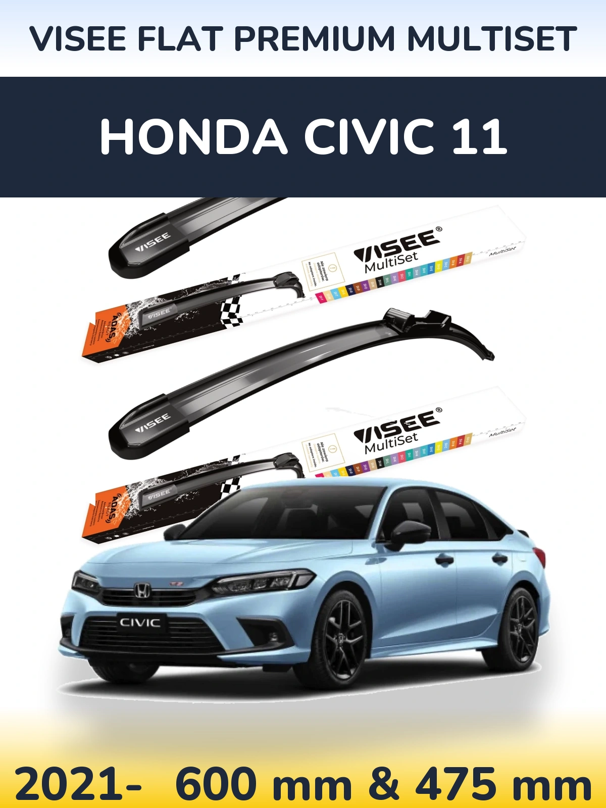 Front wiper blade set VISEE FLAT PREMIUM MultiSet 600 & 475 mm for Honda Civic 11 2021-2026
