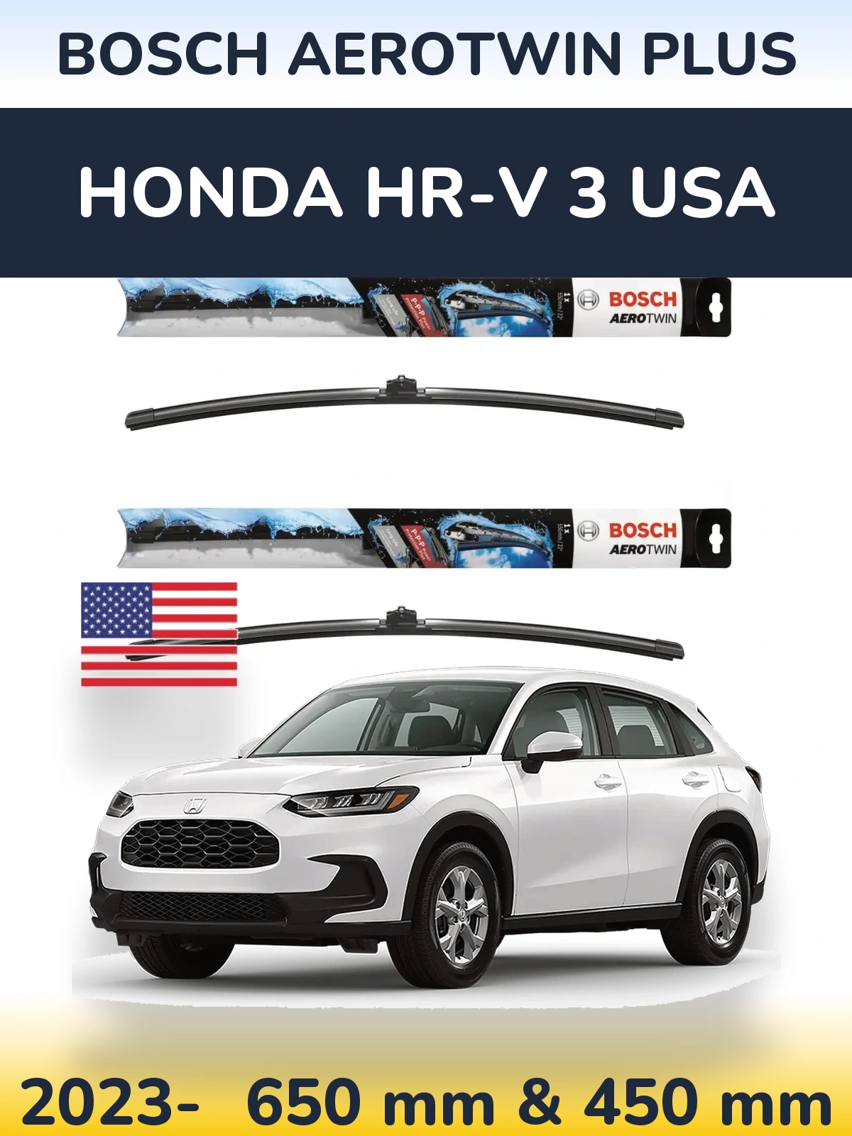 Комплект передних дворников BOSCH AeroTwin Plus 650 & 450 мм для Honda HR-V 3 USA 2023-2026