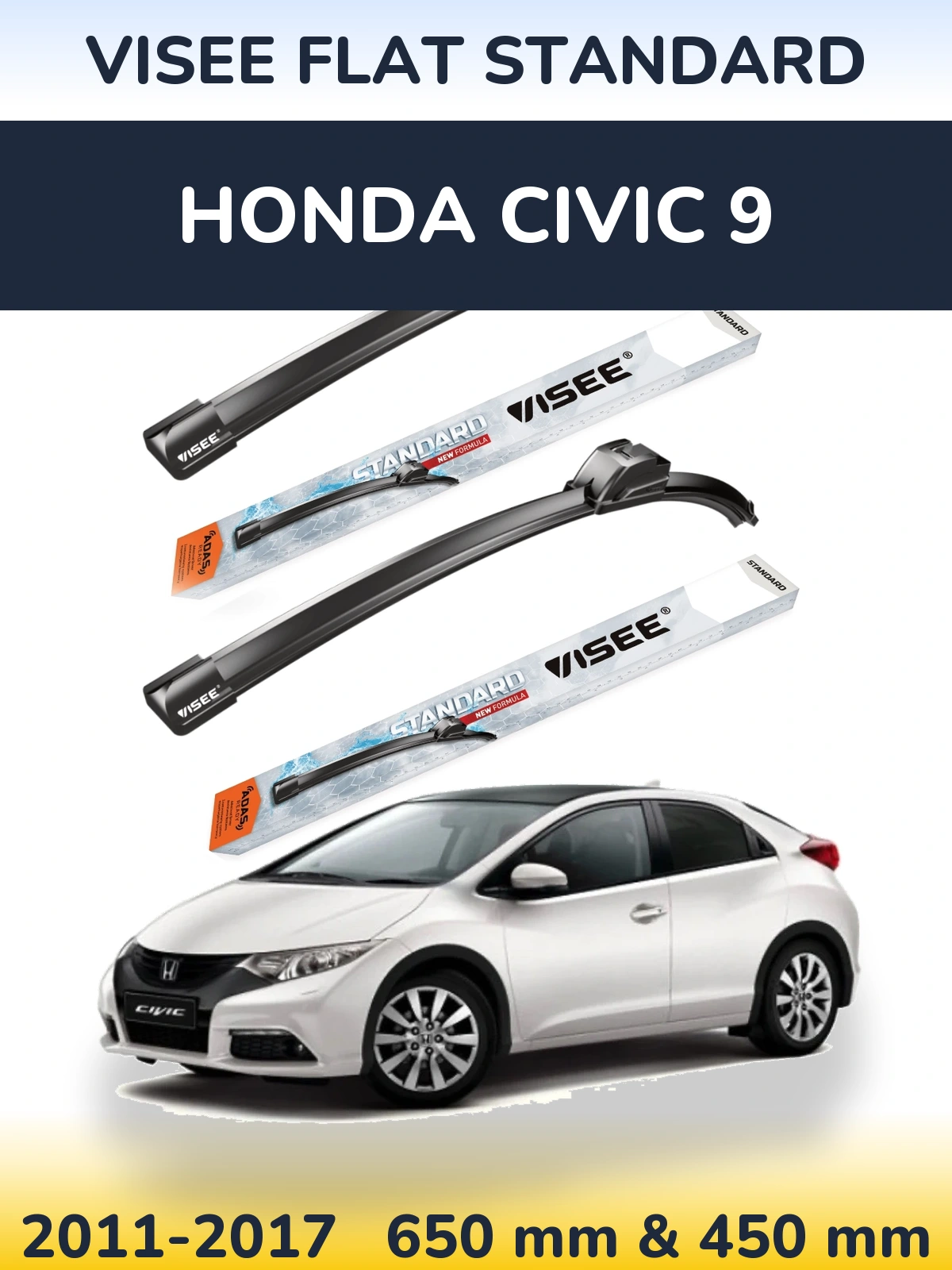 Комплект передних дворников VISEE FLAT STANDARD 650 & 450 мм для Honda Civic 9 2011-2017