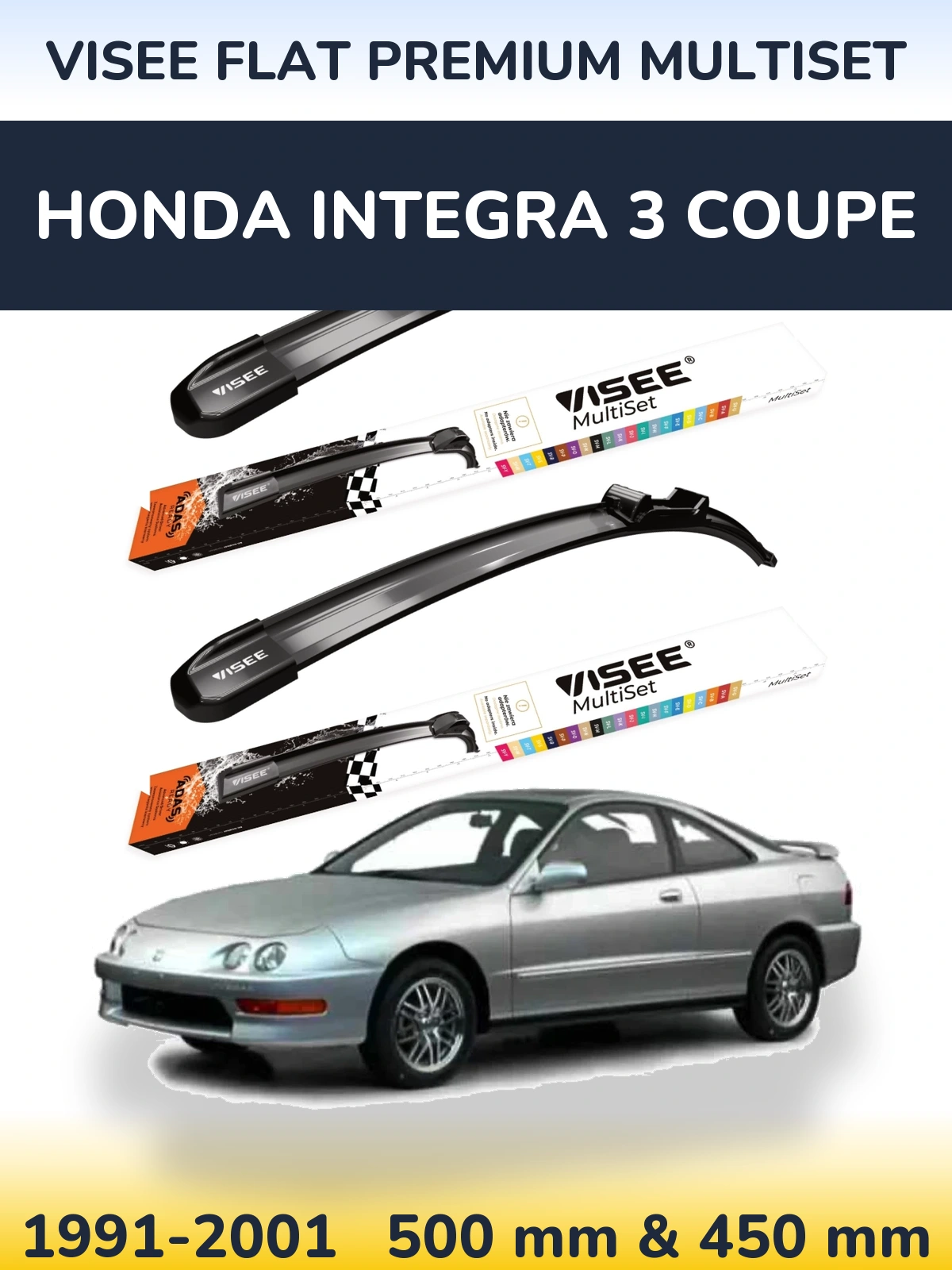 Комплект передних дворников VISEE FLAT PREMIUM MultiSet 500 & 450 мм для Honda Integra 3 coupe 1991-2001