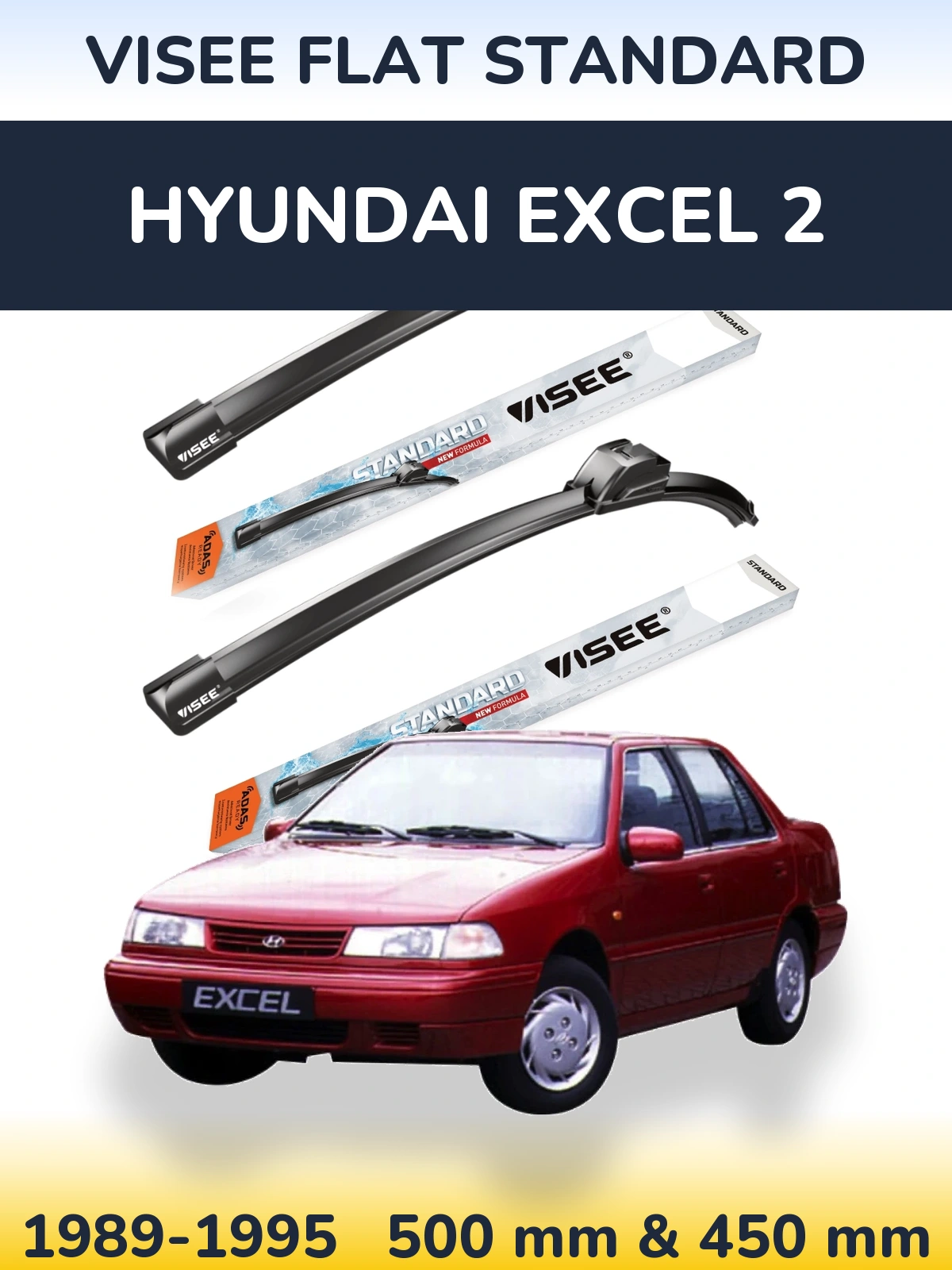 Комплект передних дворников VISEE FLAT STANDARD 500 & 450 мм для Hyundai Excel 2 1989-1995